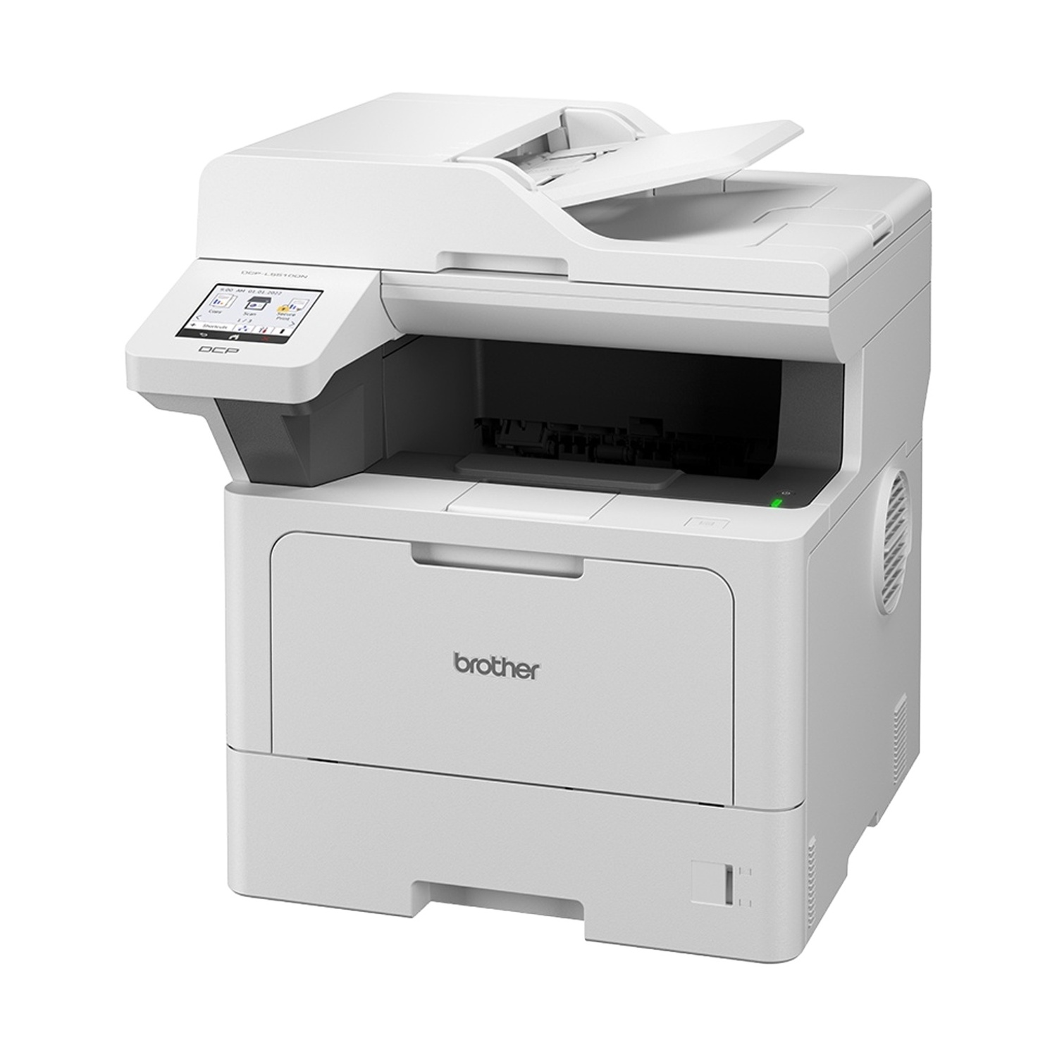 Una stampante laser Brother bianca con display touchscreen su sfondo bianco.