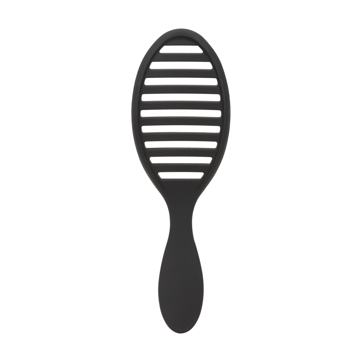 Una spazzola per capelli nera con testa ovale e fessure.