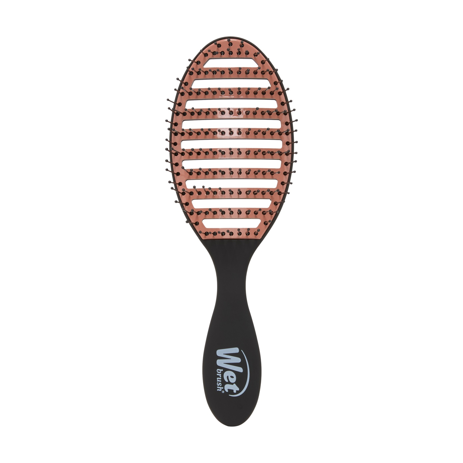 Una spazzola per capelli color oro rosa con setole nere e manico nero.