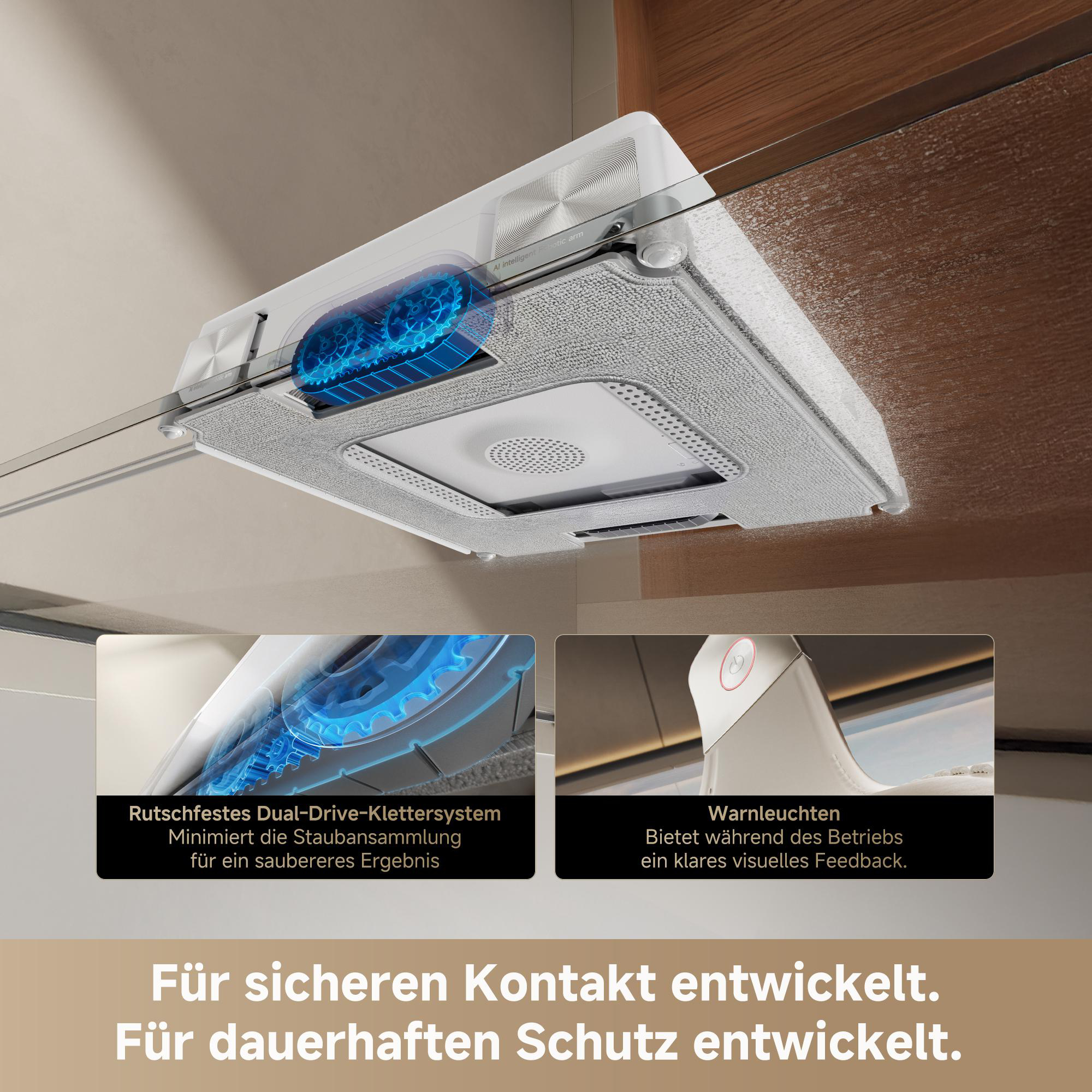 Ein Fensterreinigungsroboter mit Zahnradantrieb und Warnleuchten.