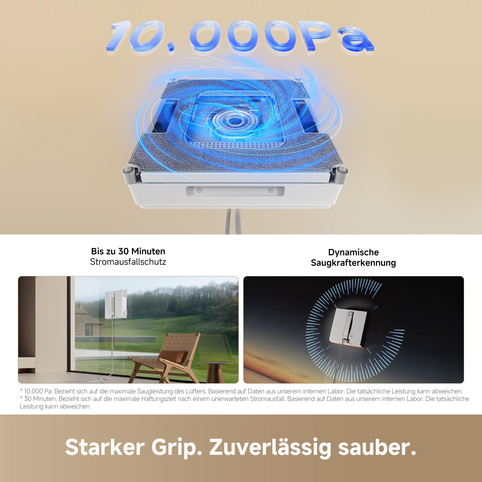 Ein Fensterreinigungsroboter mit 10.000 Pa Saugkraft und 30 Min. Akkulaufzeit.