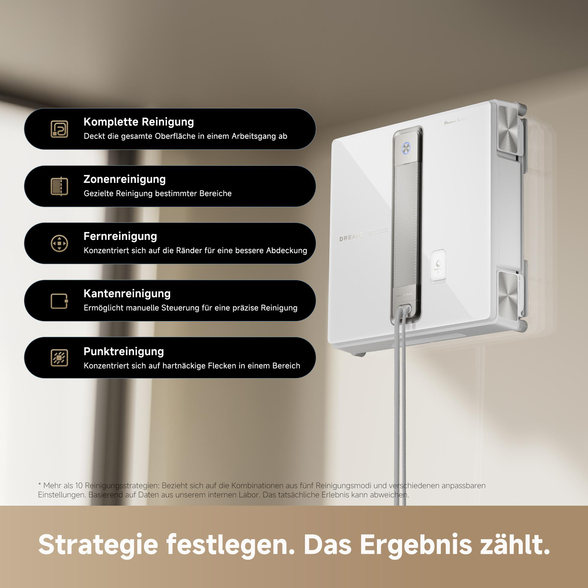 Ein weißer Roboter-Fensterreiniger haftet an einer Wand mit Reinigungsmodi-Optionen.