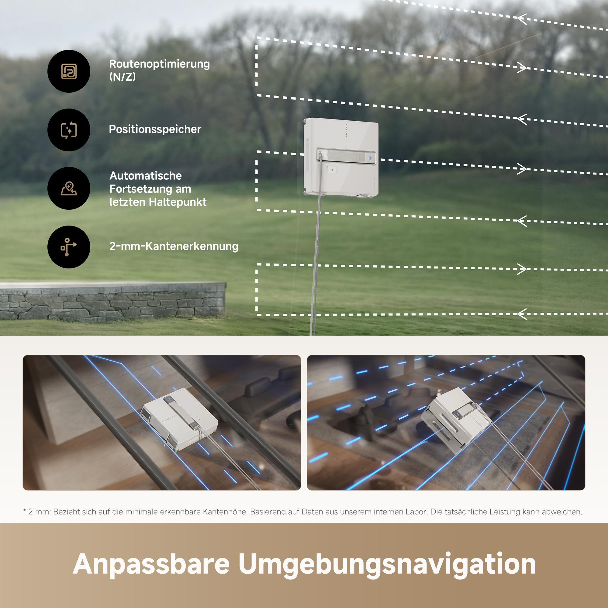 Fensterreinigungsroboter mit Routenoptimierung und Kantenerkennung auf Glas.
