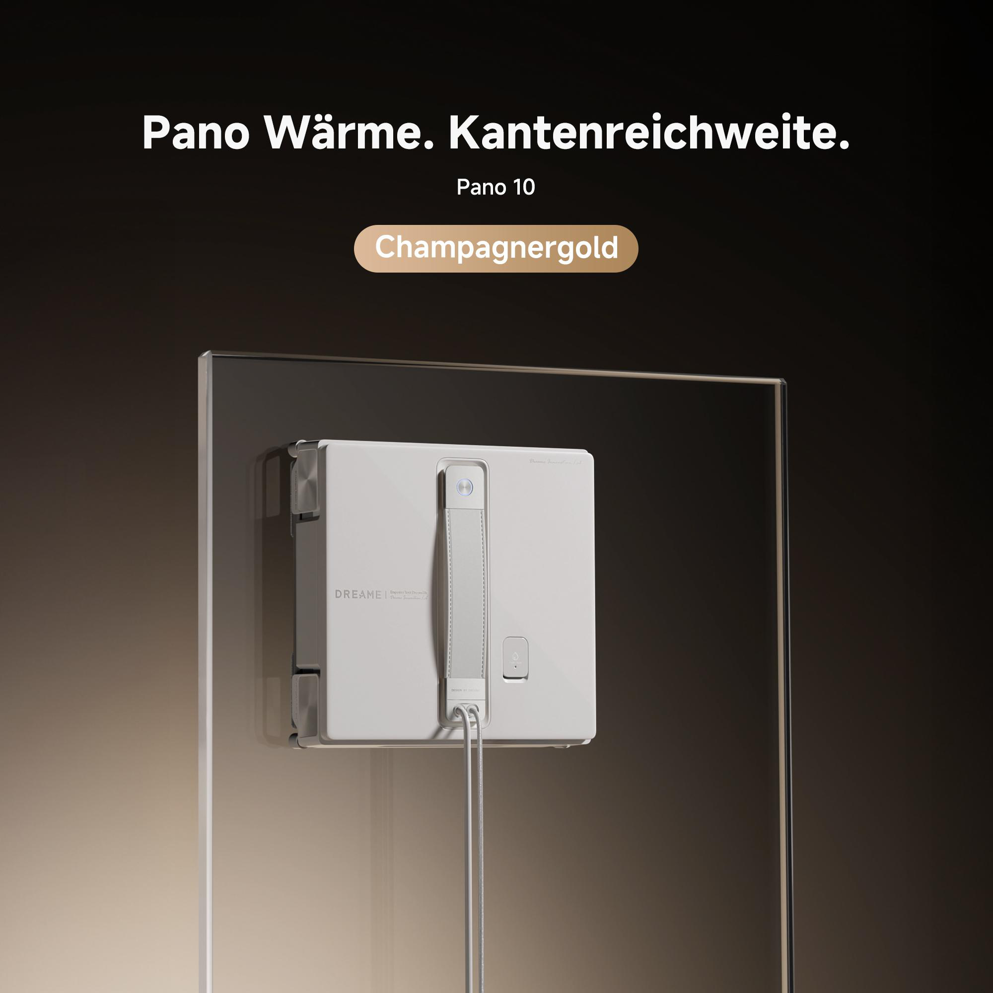 Ein weißer Roboter-Fensterreiniger mit Griff und Kabel an einer Glasoberfläche.