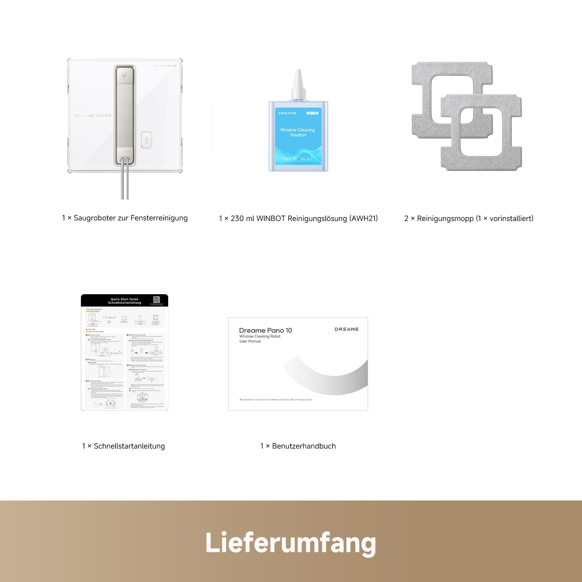 Lieferumfang: Fensterreinigungsroboter, Reinigungslösung, Mopps, Schnellstartanleitung, Handbuch.