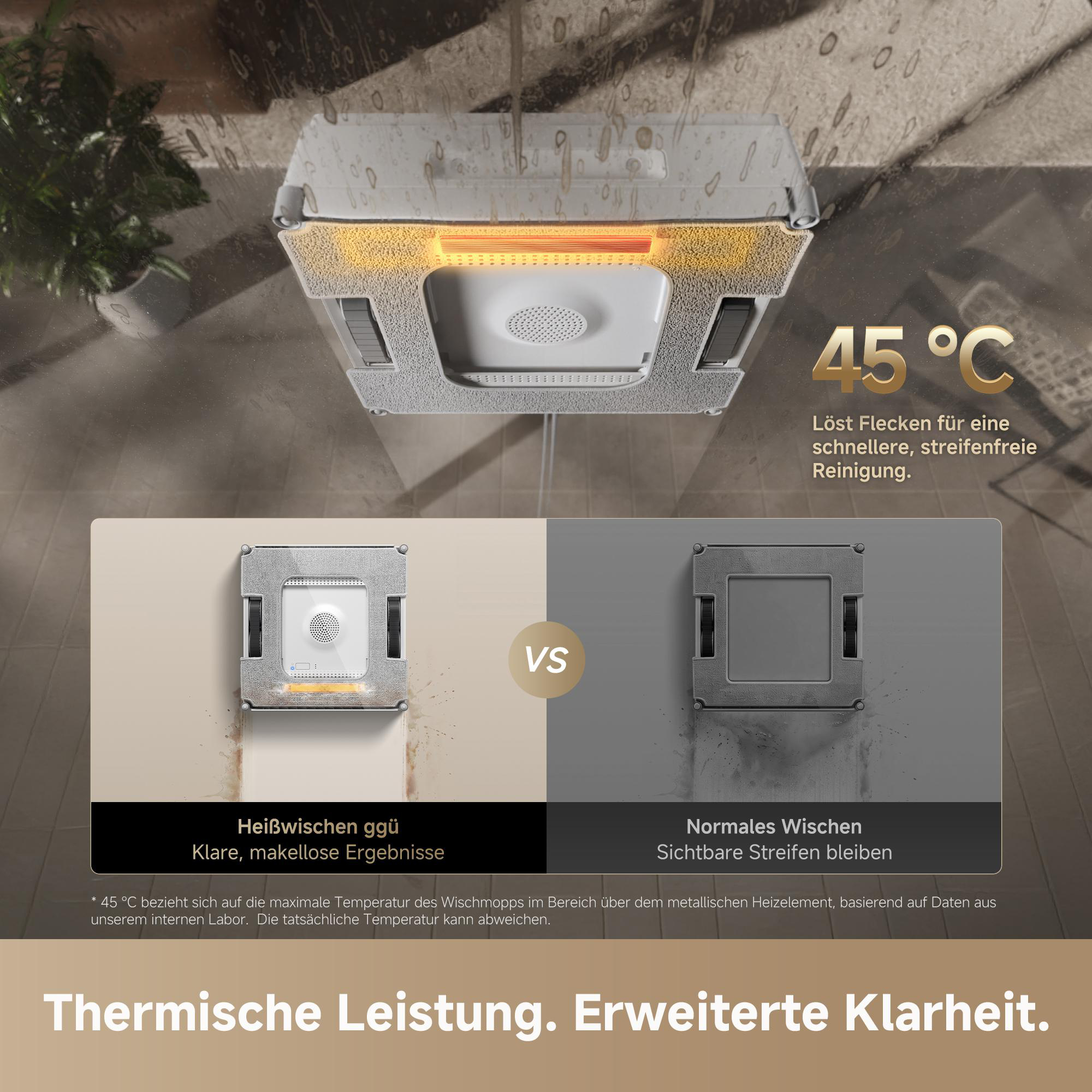 Roboter-Fensterreiniger mit Heizfunktion für streifenfreie Reinigung bei 45°C.