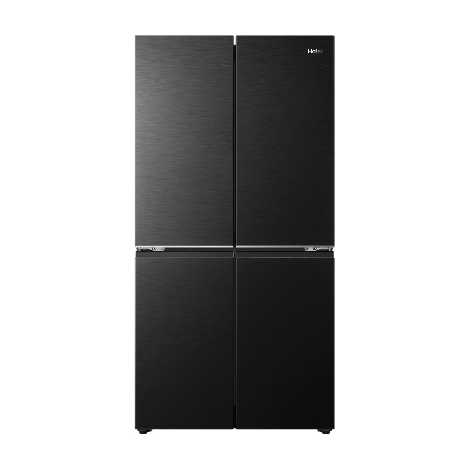 Un frigorifero nero a quattro ante, logo Haier in alto a destra.
