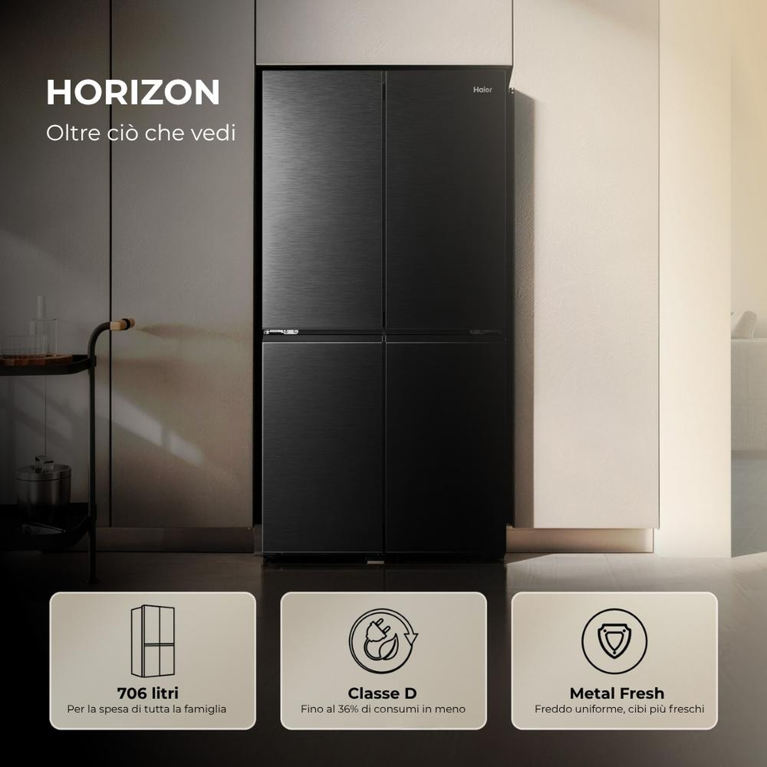 Frigorifero Haier nero da 706 litri, classe D e Metal Fresh.