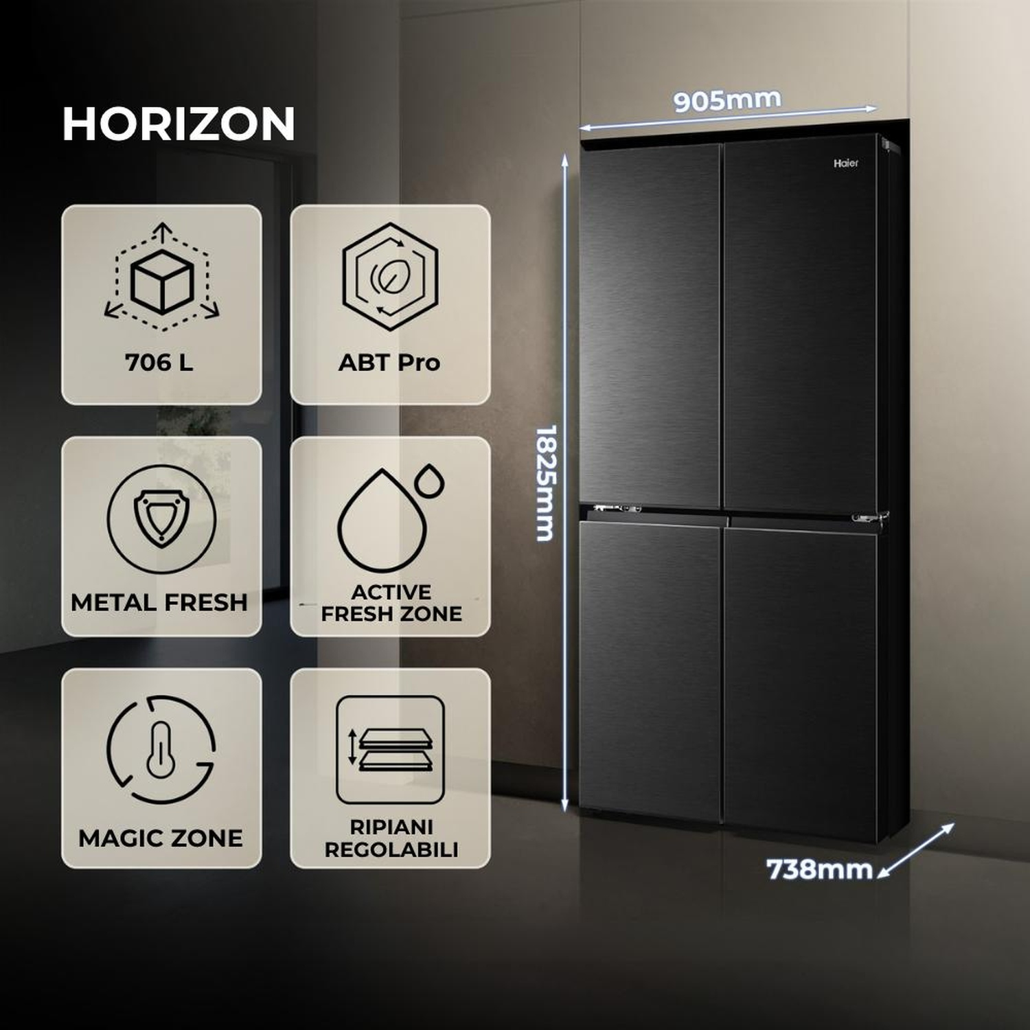 Frigorifero nero 4 porte, dimensioni 1825x905x738mm, con icone 706L, ABT Pro, Metal Fresh, Active Fresh Zone.