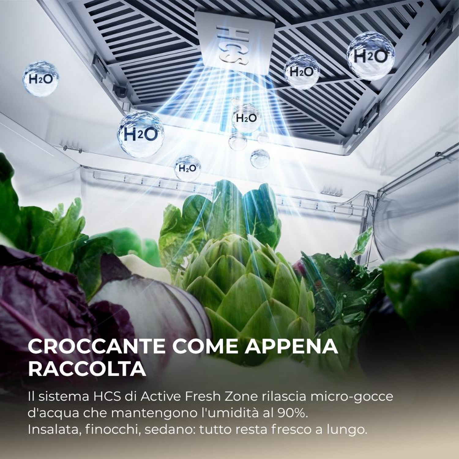 Gocce di H2O cadono su verdure fresche dentro un frigorifero.