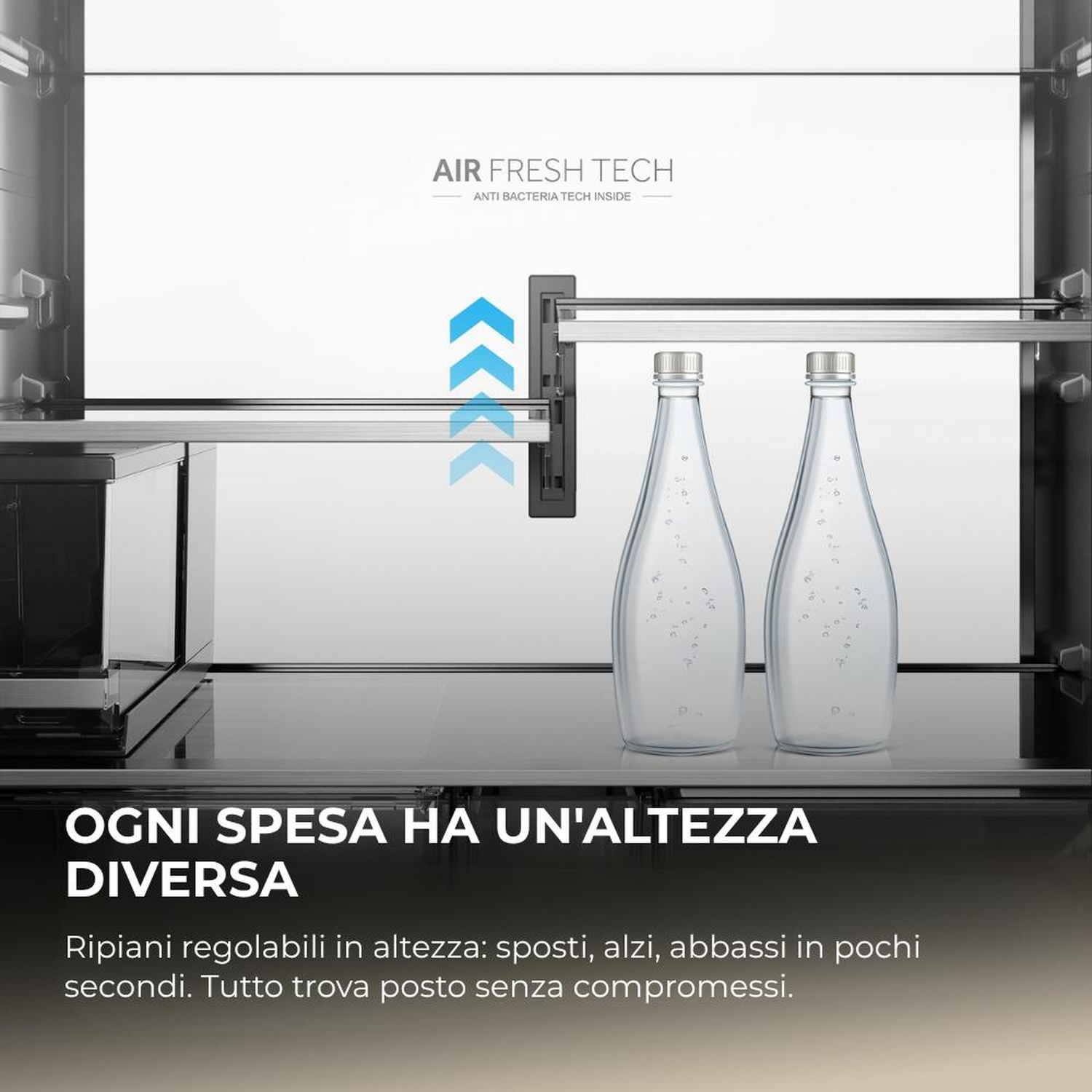 Vista interna di un frigorifero con due bottiglie d'acqua su uno scaffale.