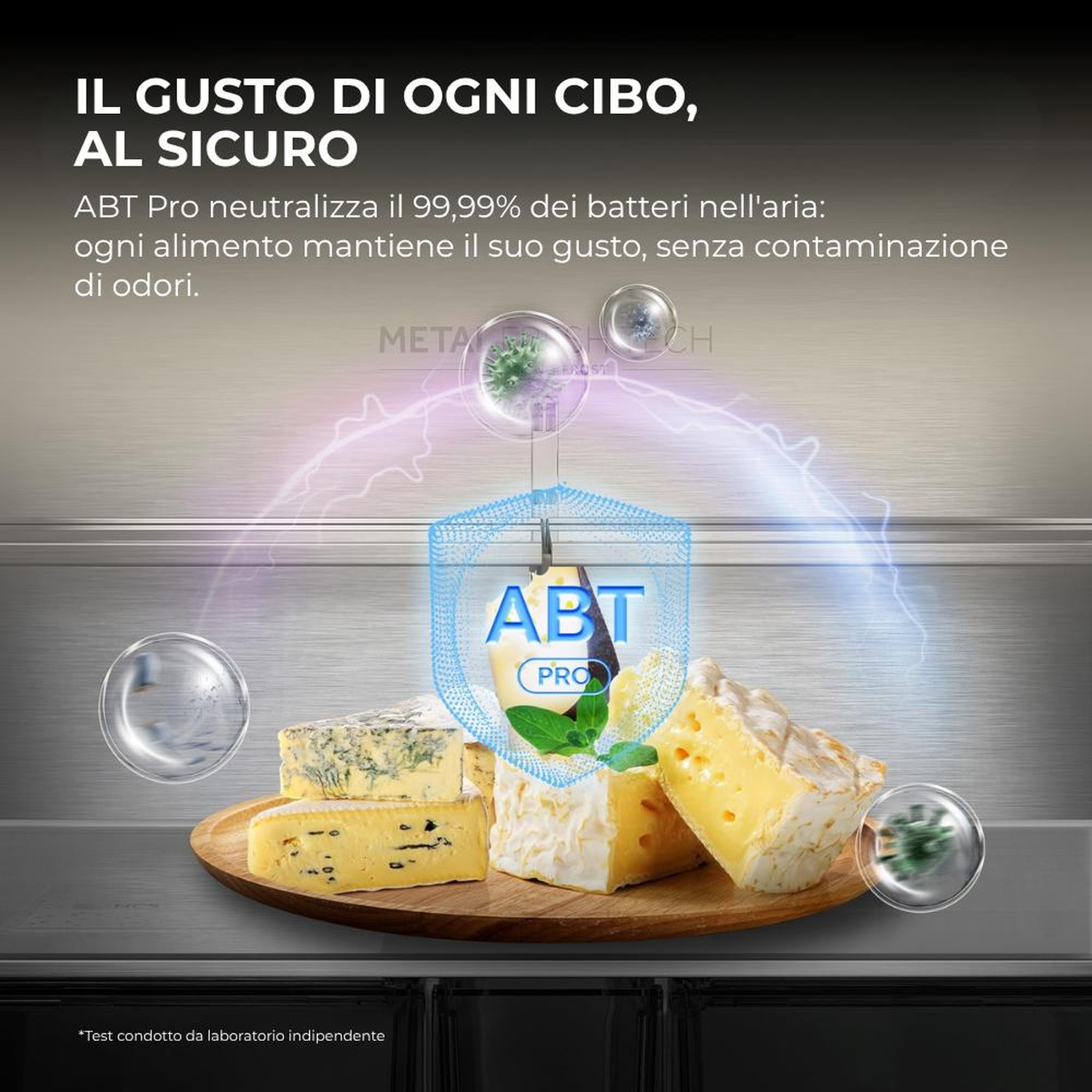 Formaggio su tagliere di legno, circondato da bolle e uno scudo con logo 'ABT PRO'.