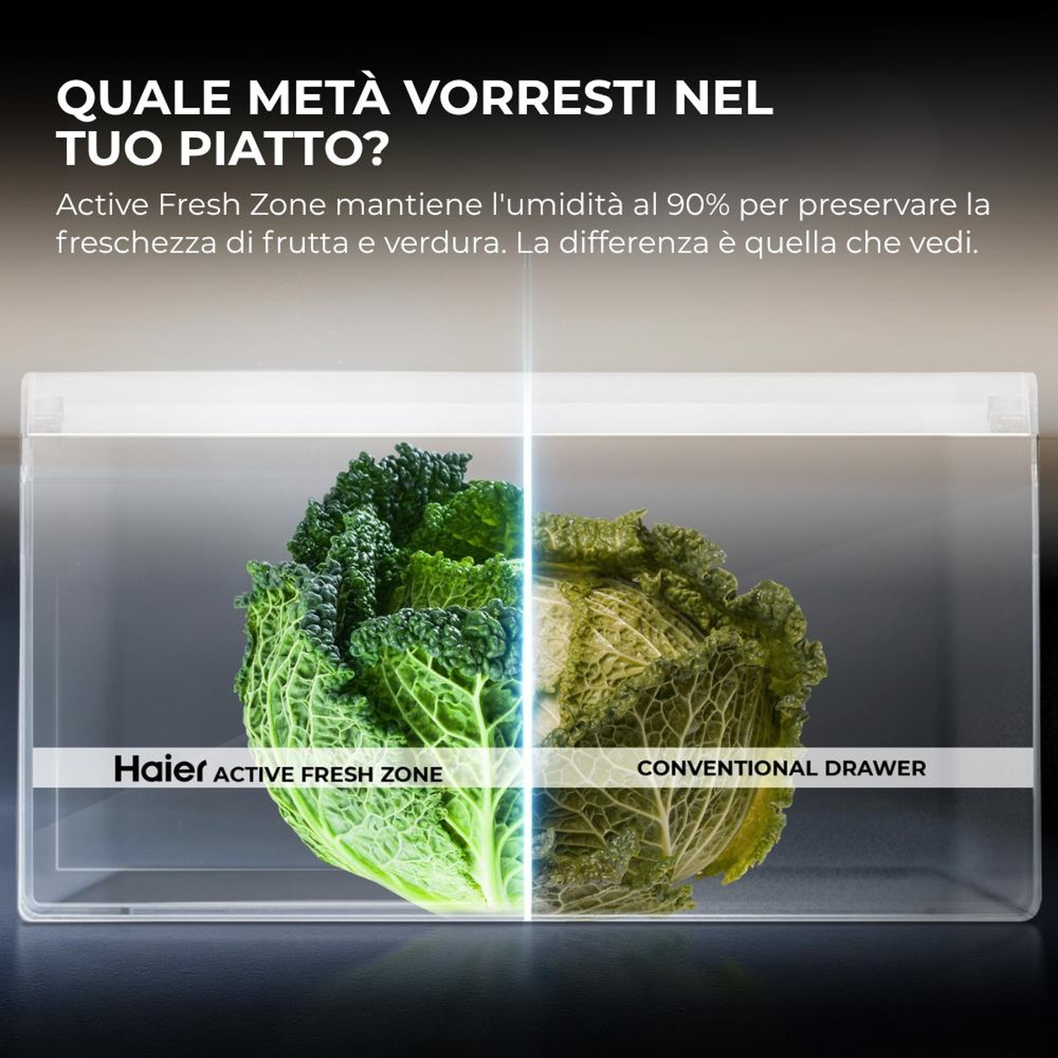 Un cavolo diviso a metà: fresco a sinistra, appassito a destra.