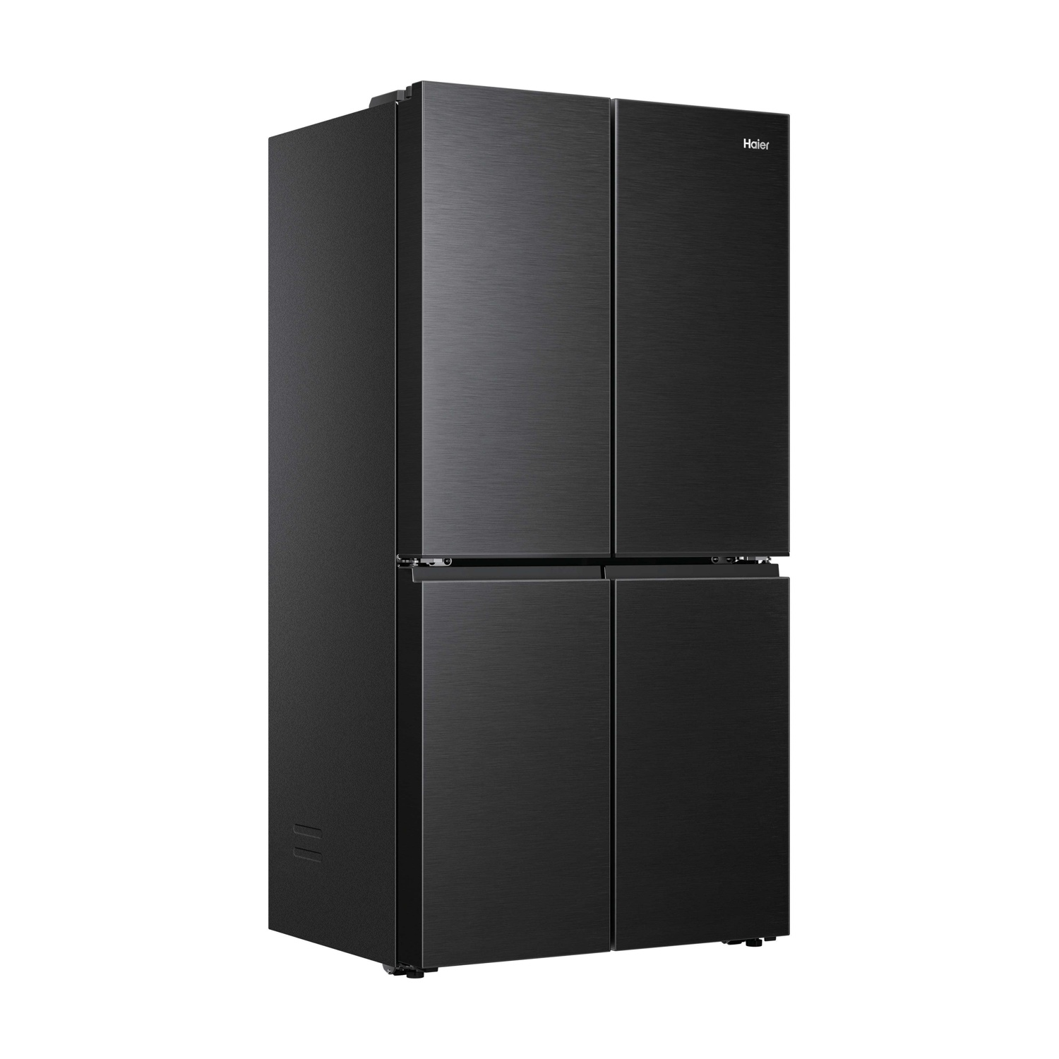 Un frigorifero Haier nero a quattro porte con finitura spazzolata.