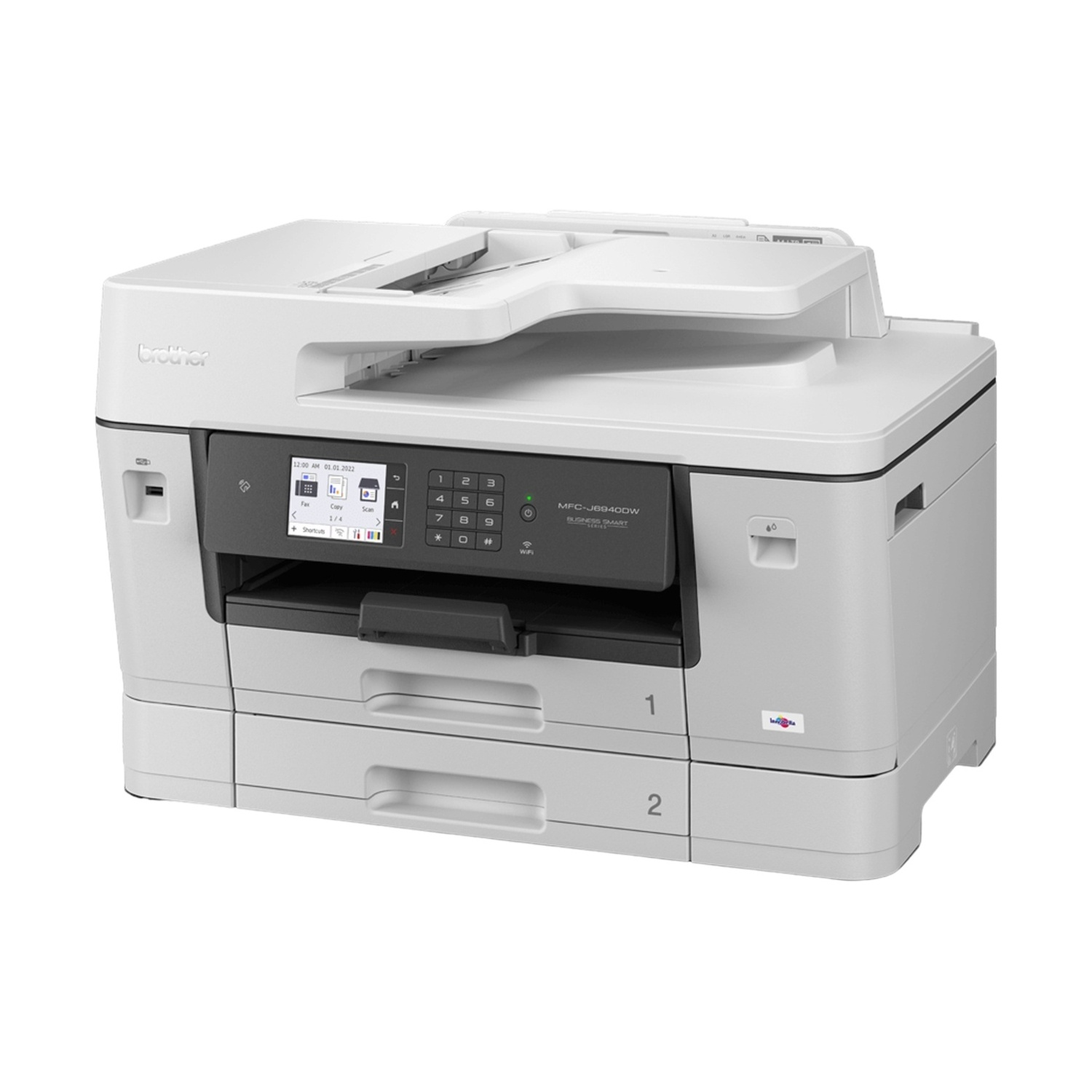 Una stampante Brother MFC-J6940DW bianca con due vassoi carta.