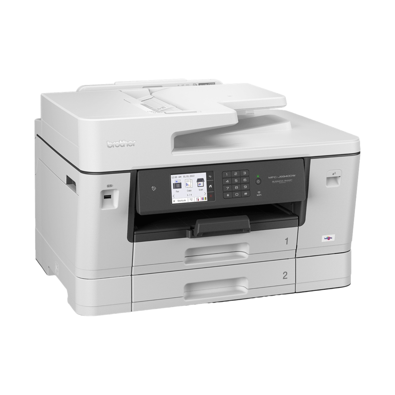 Una stampante Brother MFC-J69400W bianca con due vassoi carta su sfondo bianco.