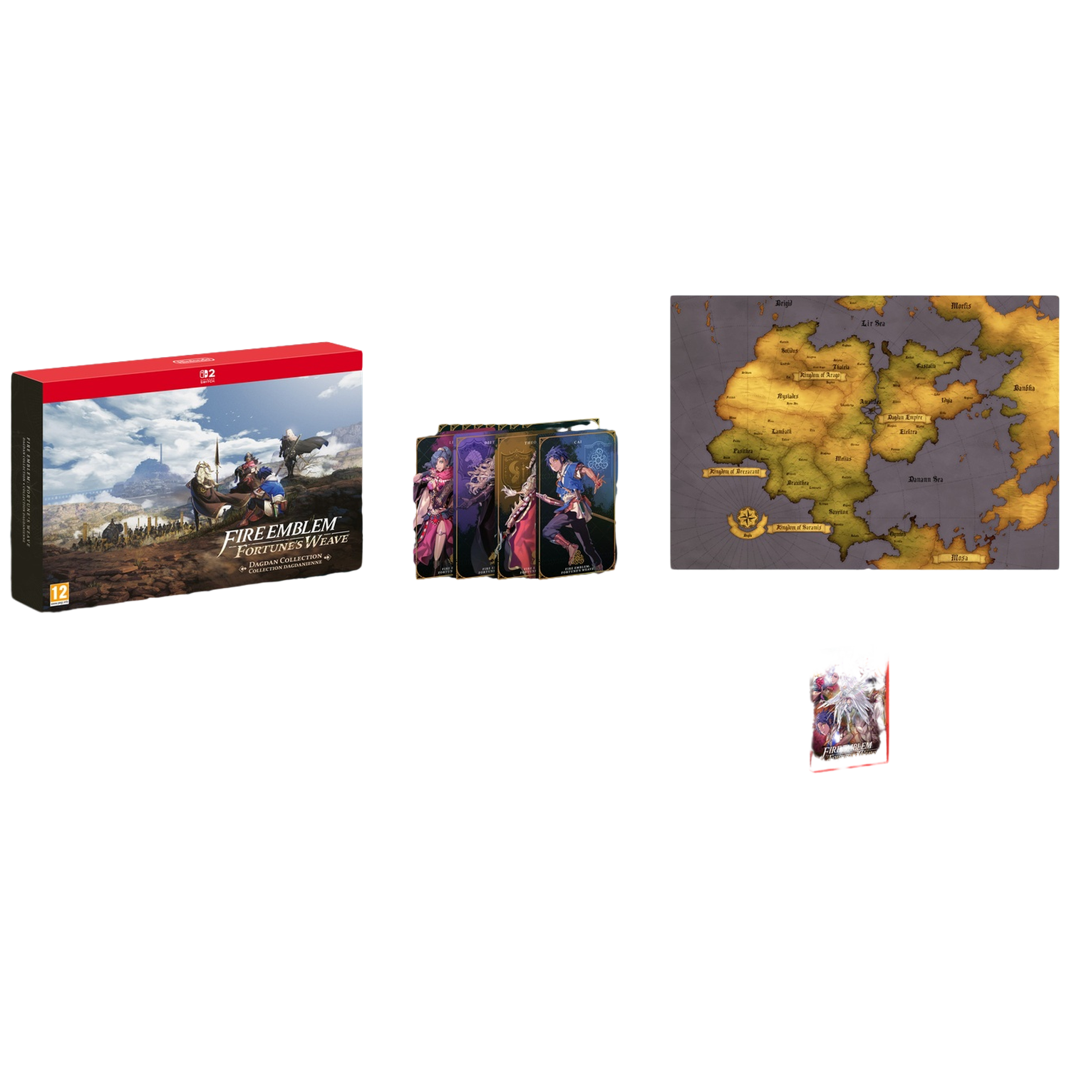 Fire Emblem speldoos, kaarten en een wereldkaart worden weergegeven op witte achtergrond.