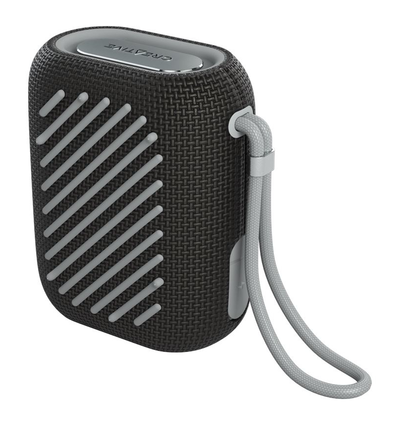 Kompaktowy, ciemnoszary głośnik Bluetooth z paskiem i srebrnymi akcentami.