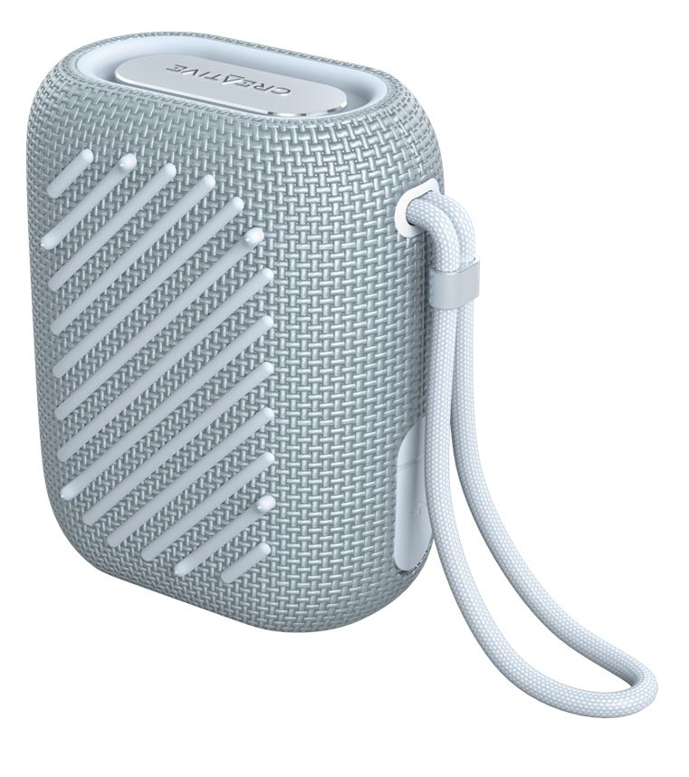 Jasnoszary, prostokątny głośnik Bluetooth z paskiem do przenoszenia.