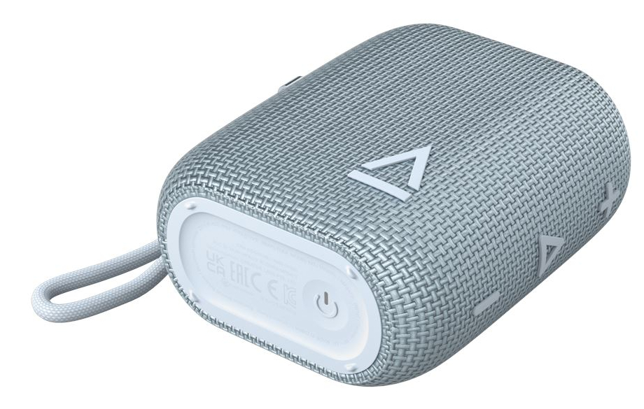 Szary głośnik Bluetooth ze smyczą i przyciskami sterującymi.
