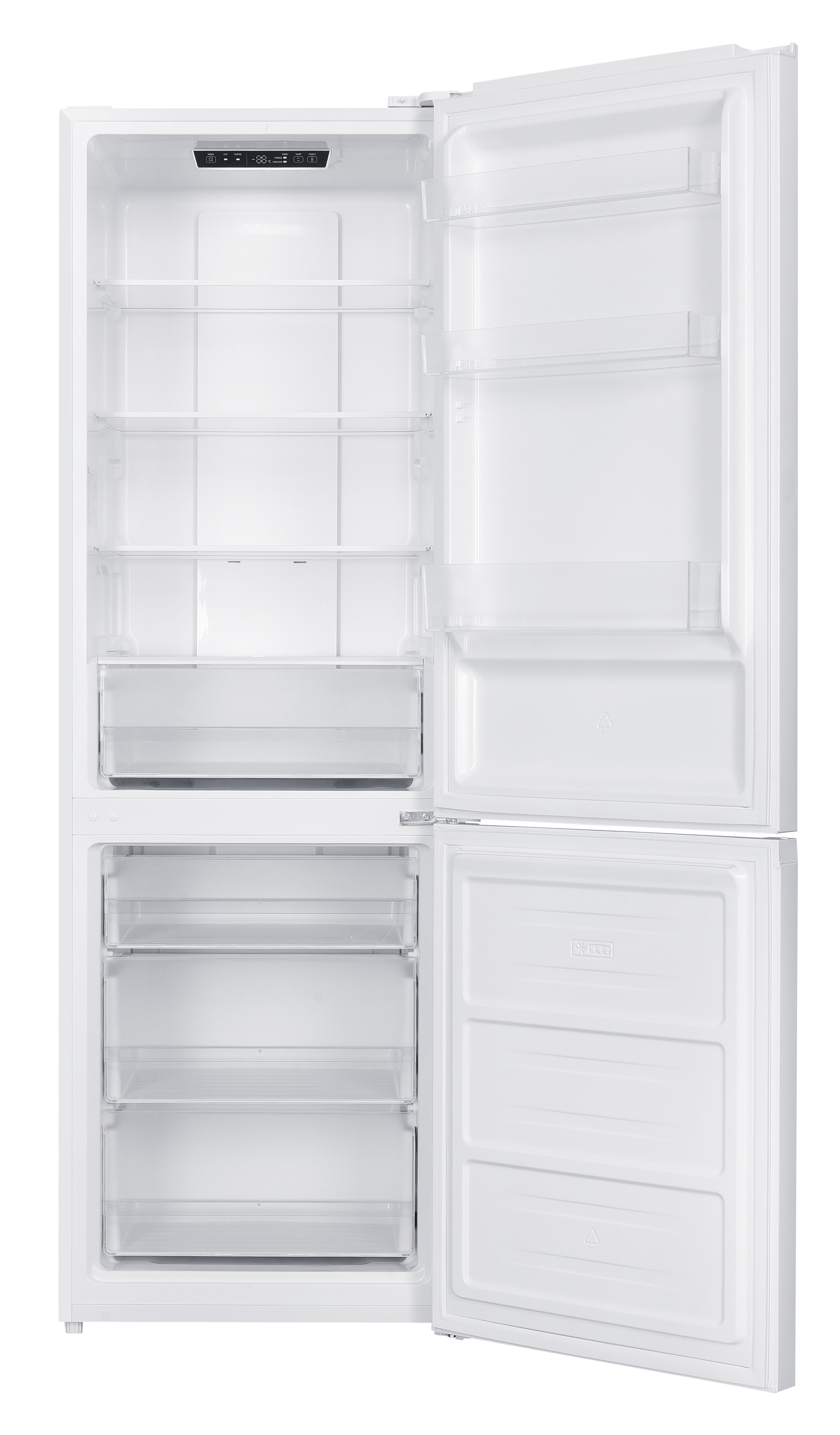 Un refrigerador blanco con las puertas abiertas, mostrando estantes y cajones.