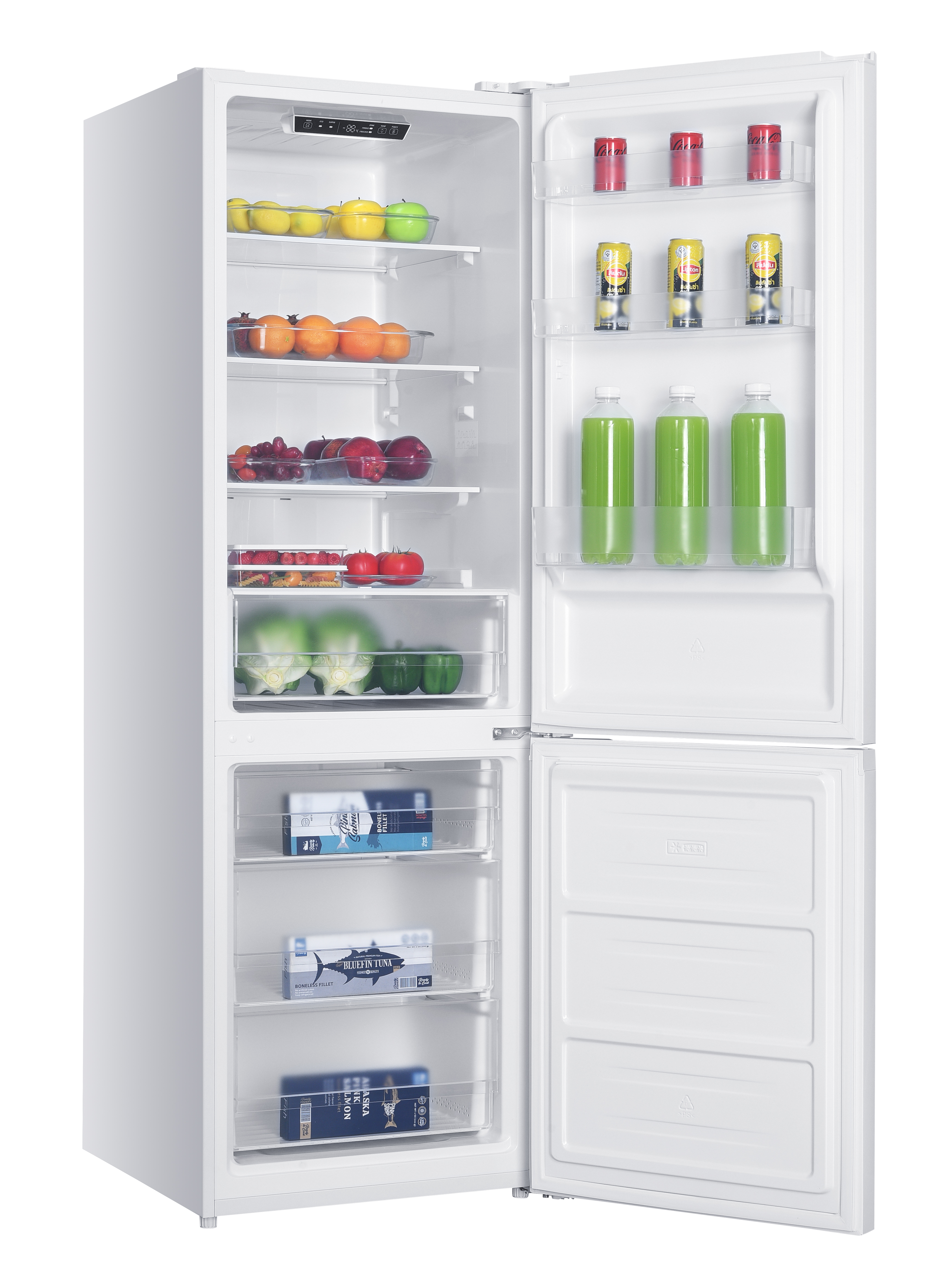 Refrigerador blanco abierto con frutas, verduras, latas y filetes de pescado.