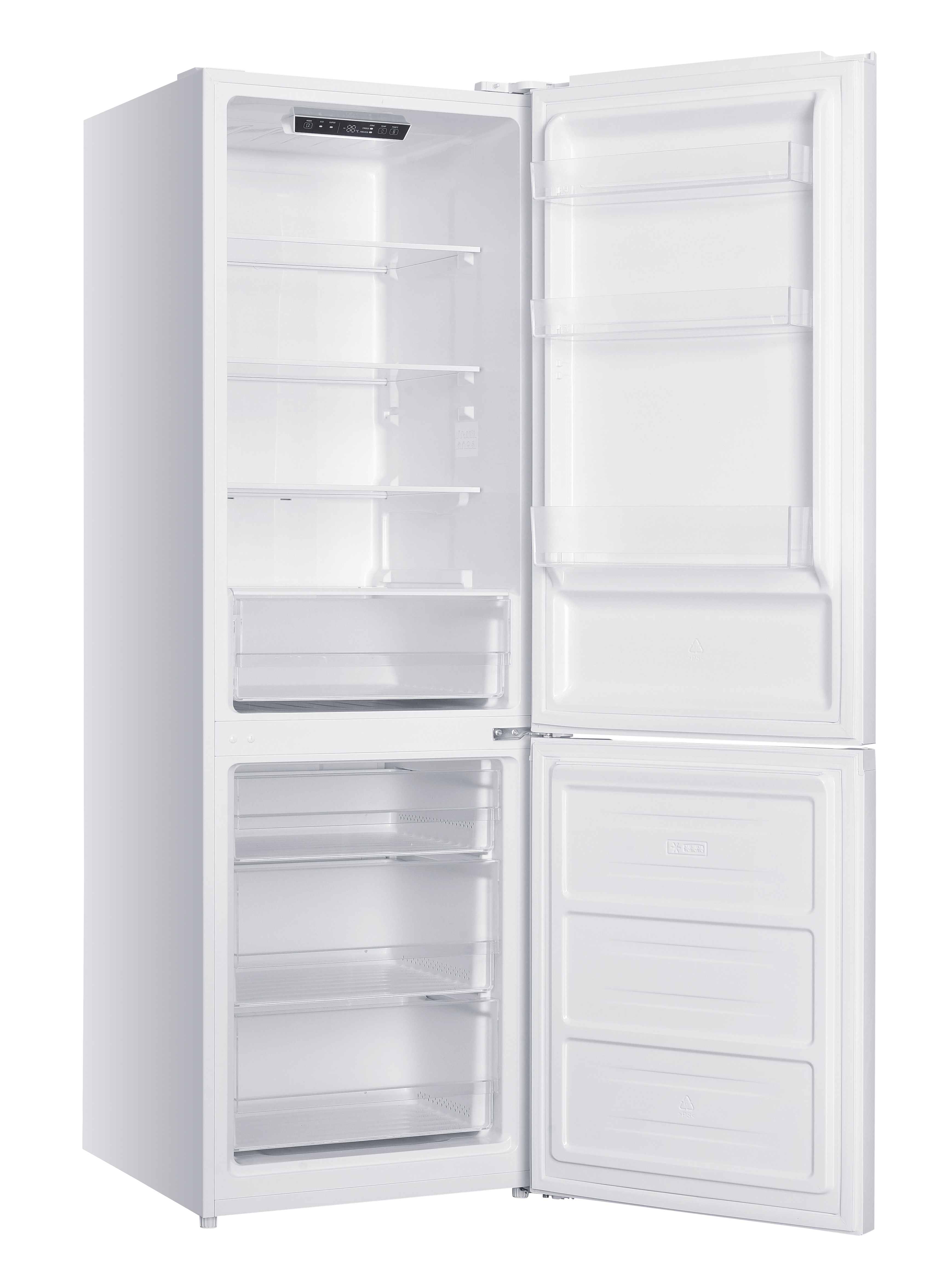 Un refrigerador blanco con la puerta abierta, mostrando el interior vacío.