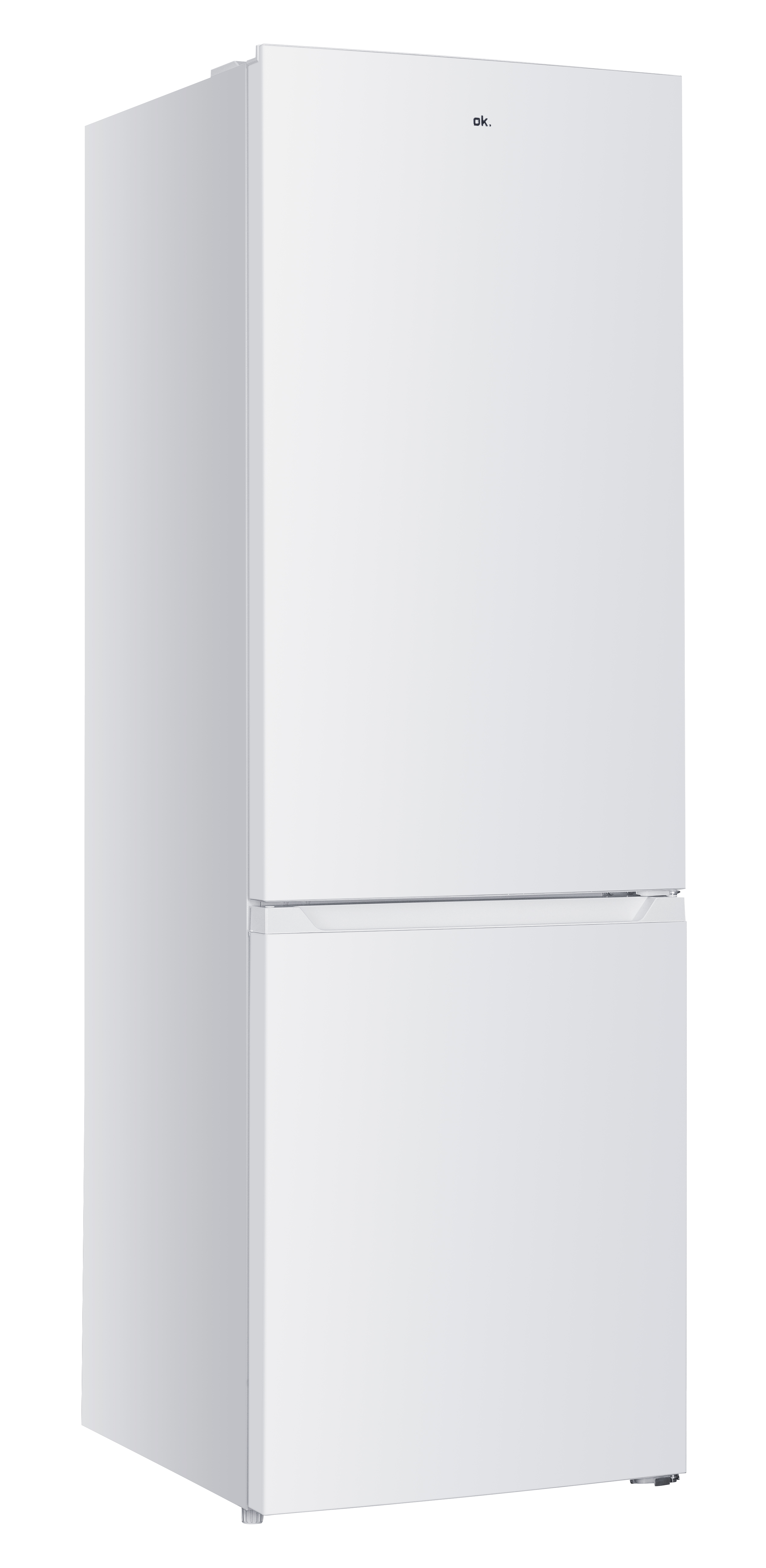Un refrigerador blanco de dos puertas, con un logo arriba.