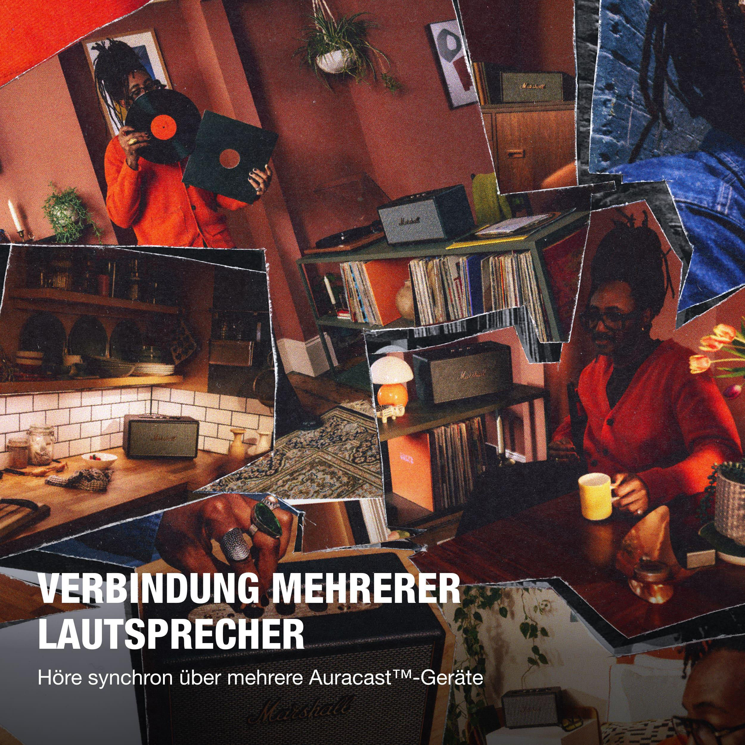 Collage mit Person, Schallplatten, Lautsprechern und Wohnaccessoires.