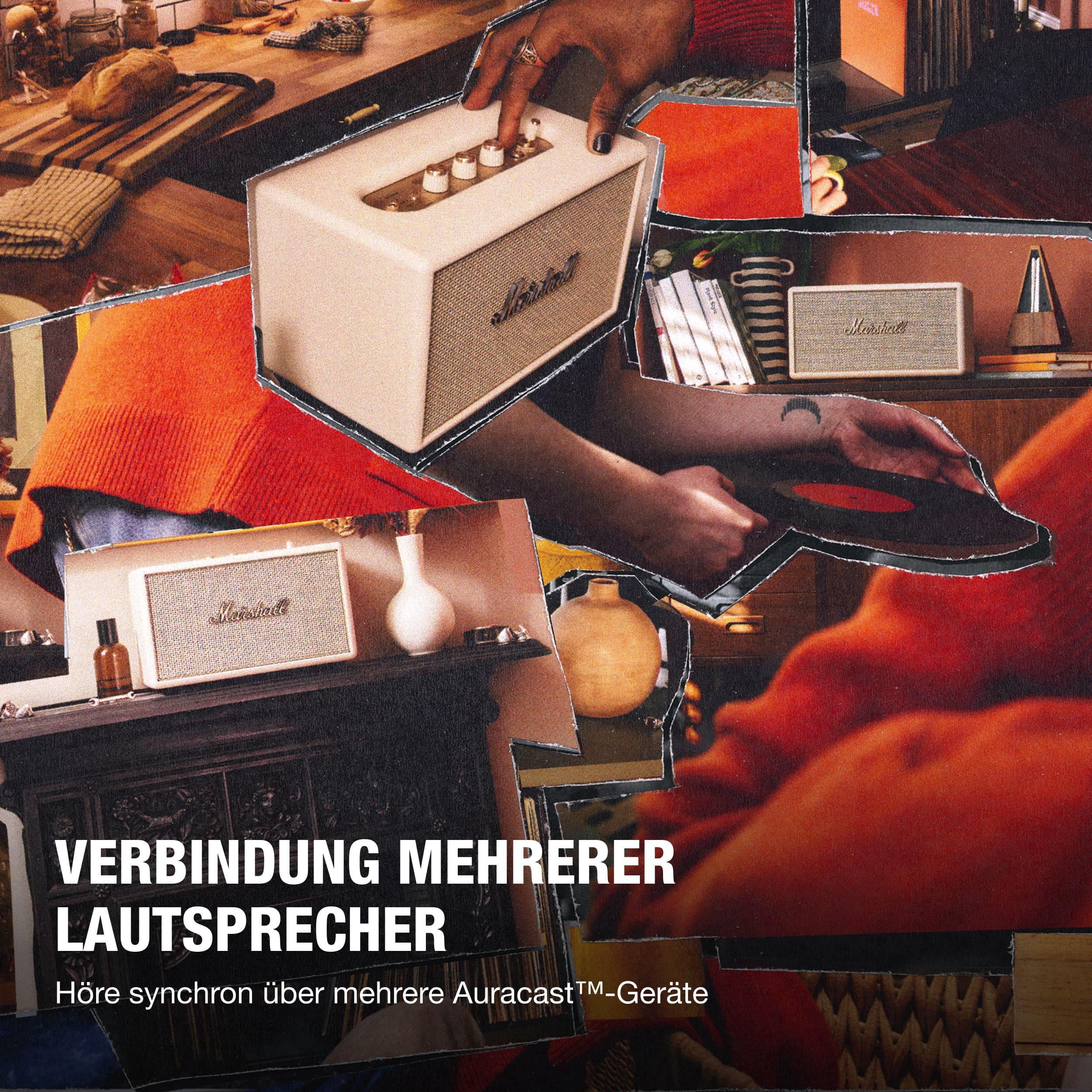 Collage aus Marshall-Lautsprechern, Händen, Vinyl, Brot und Vasen. Text: Mehrere Lautsprecher verbinden.