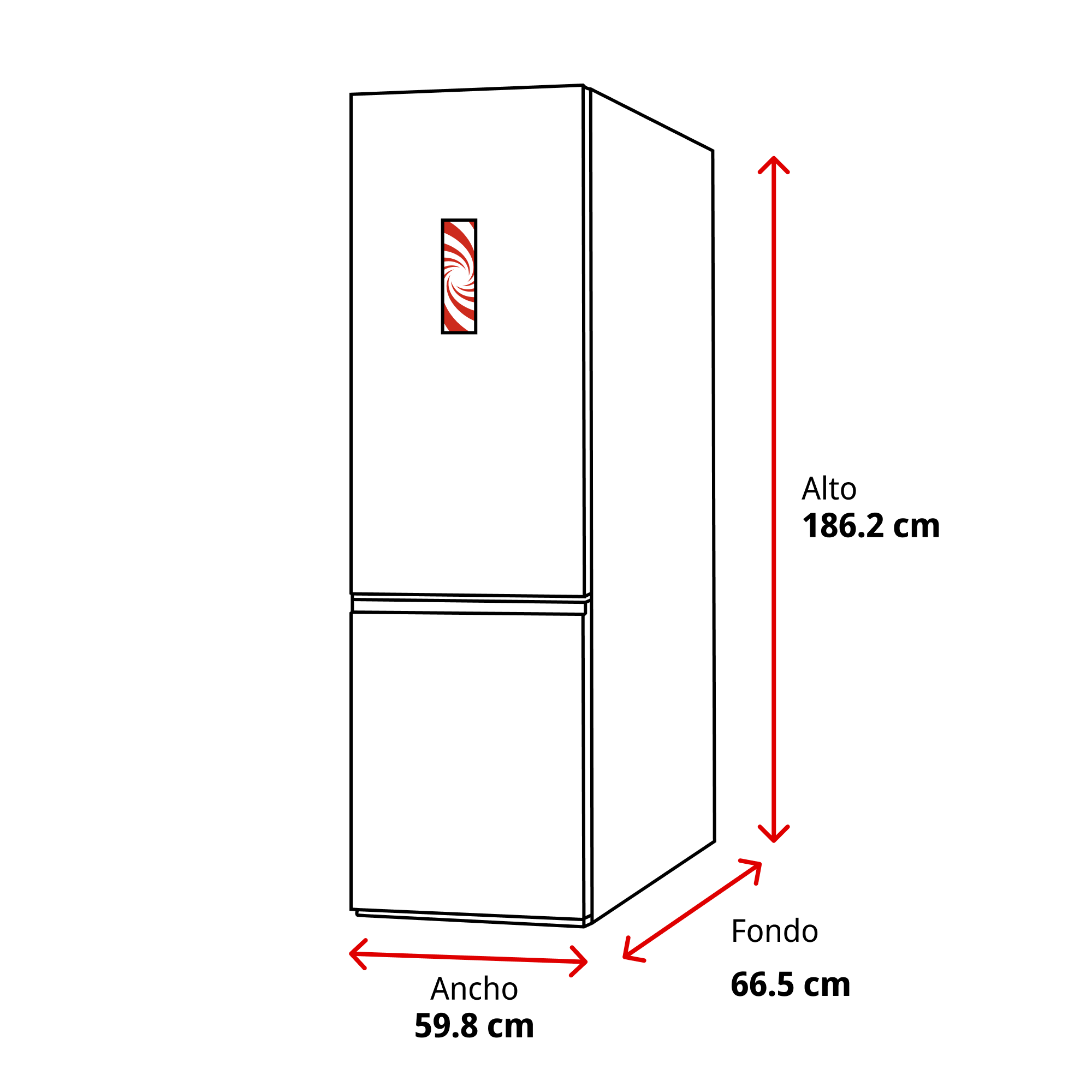 Un refrigerador blanco con detalles rojos, 186,2 cm de alto, 59,8 cm de ancho, 66,5 cm de fondo.