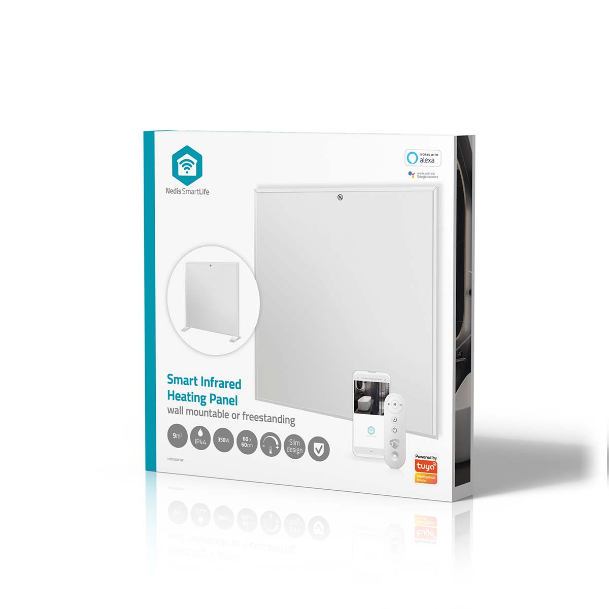 Weiße Infrarotheizungspanel-Verpackung mit Produktbildern, Alexa- und Tuya-Logos.