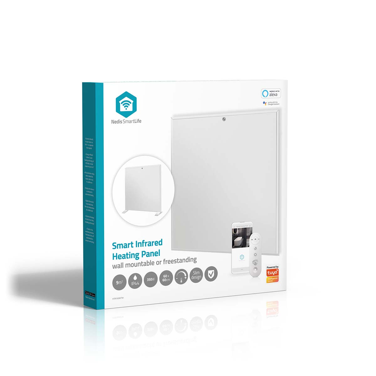 Verpackung eines weißen Smart-Infrarotheizkörpers mit Fernbedienung und App-Symbolen.