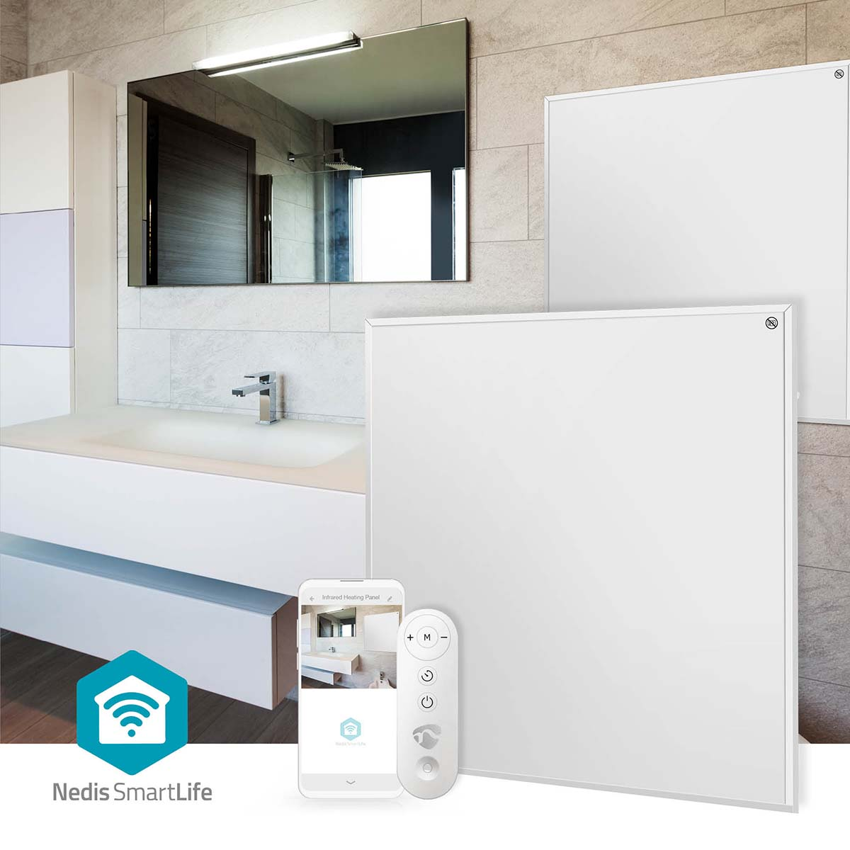 Ein weißes Infrarotheizpaneel, Fernbedienung und Smartphone in einem Badezimmer.