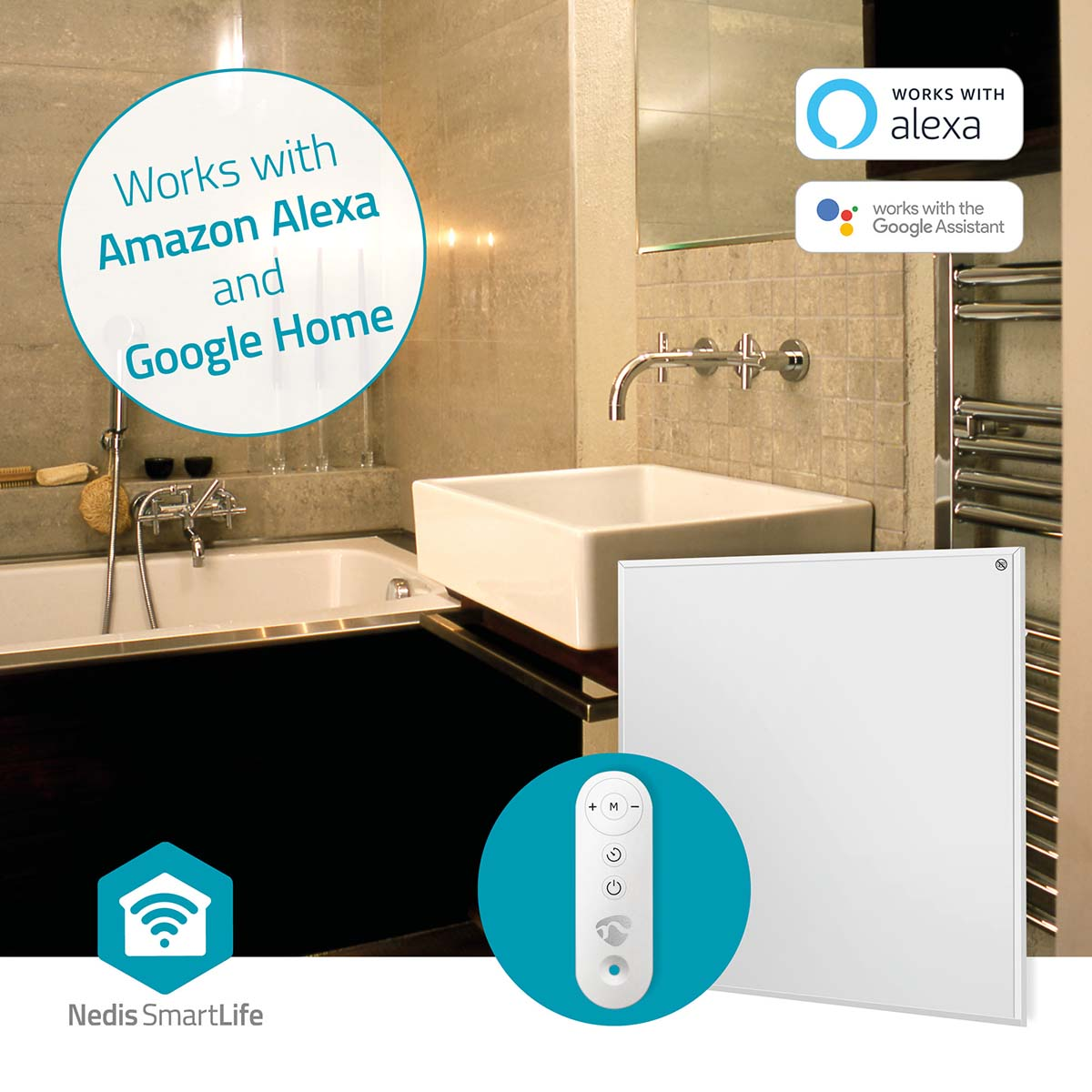 Badezimmer mit Heizung, Waschbecken, Badewanne und Fernbedienung. Kompatibel mit Alexa und Google.