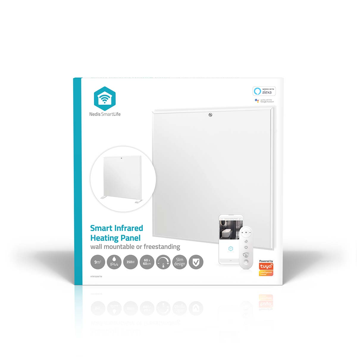 Weiße Nedis SmartLife Smart-Infrarotheizung, wandmontierbar oder freistehend.