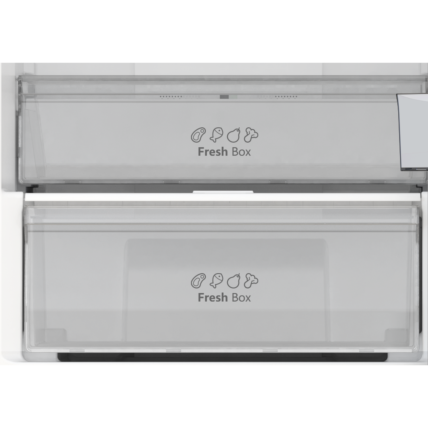 Two transparent drawers with "Fresh Box" labels and icons for fish, vegetables, and meat.