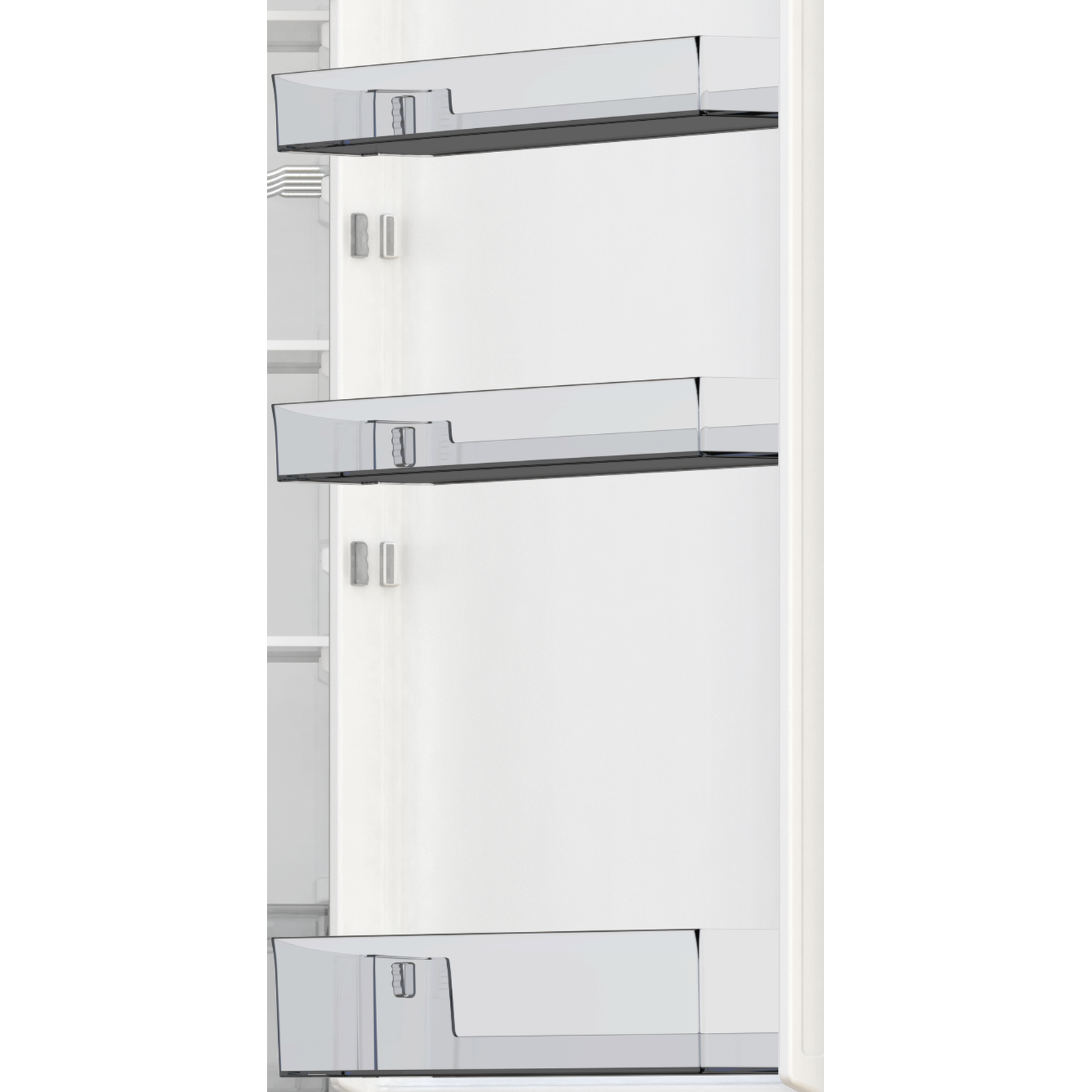 White refrigerator door with clear shelves and silver handles.