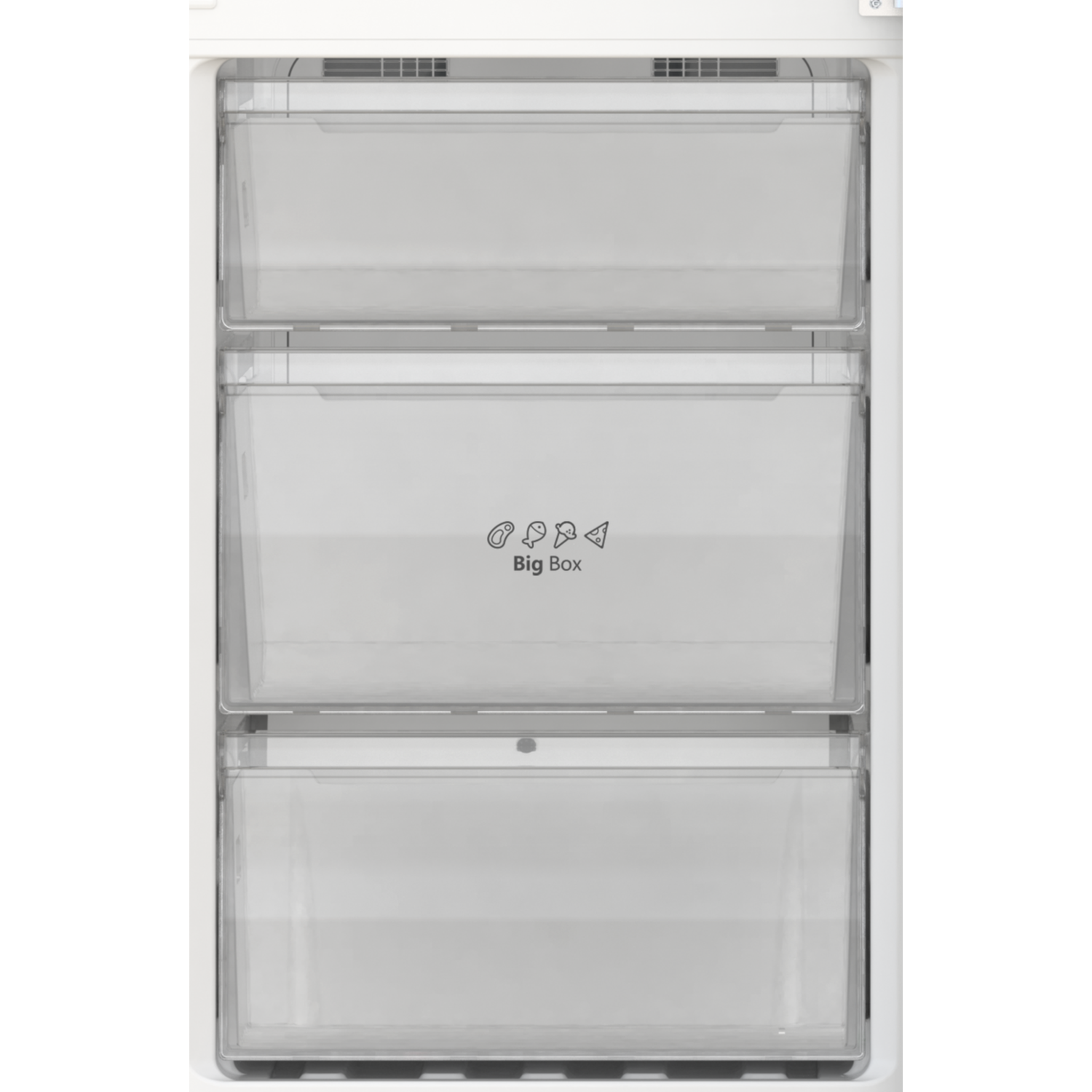 Three transparent freezer drawers in a white appliance. The middle drawer says Big Box.