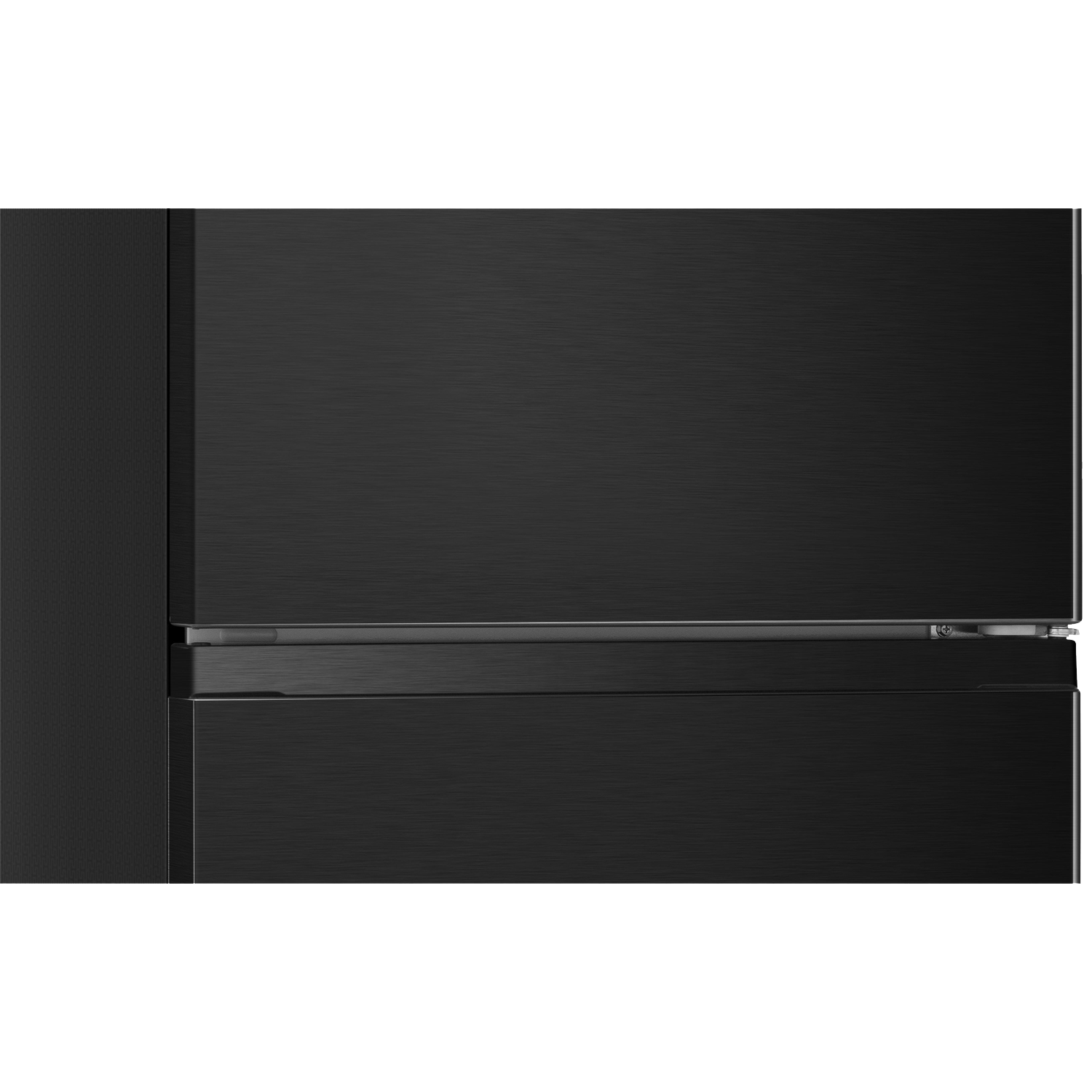 Black refrigerator with brushed metal finish and a horizontal trim line.