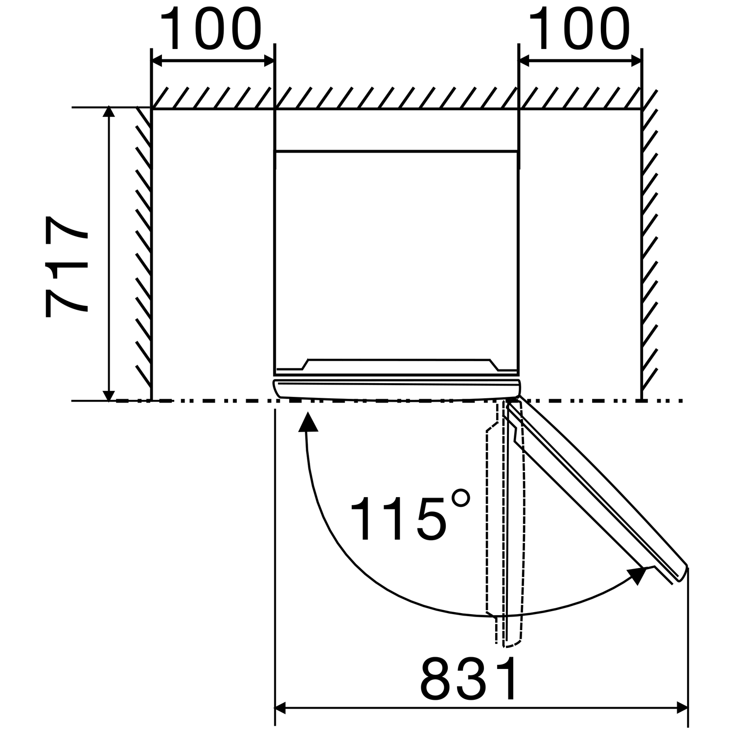 Technical drawing showing dimensions 717, 100, 100, and 831 with a 115° angle.