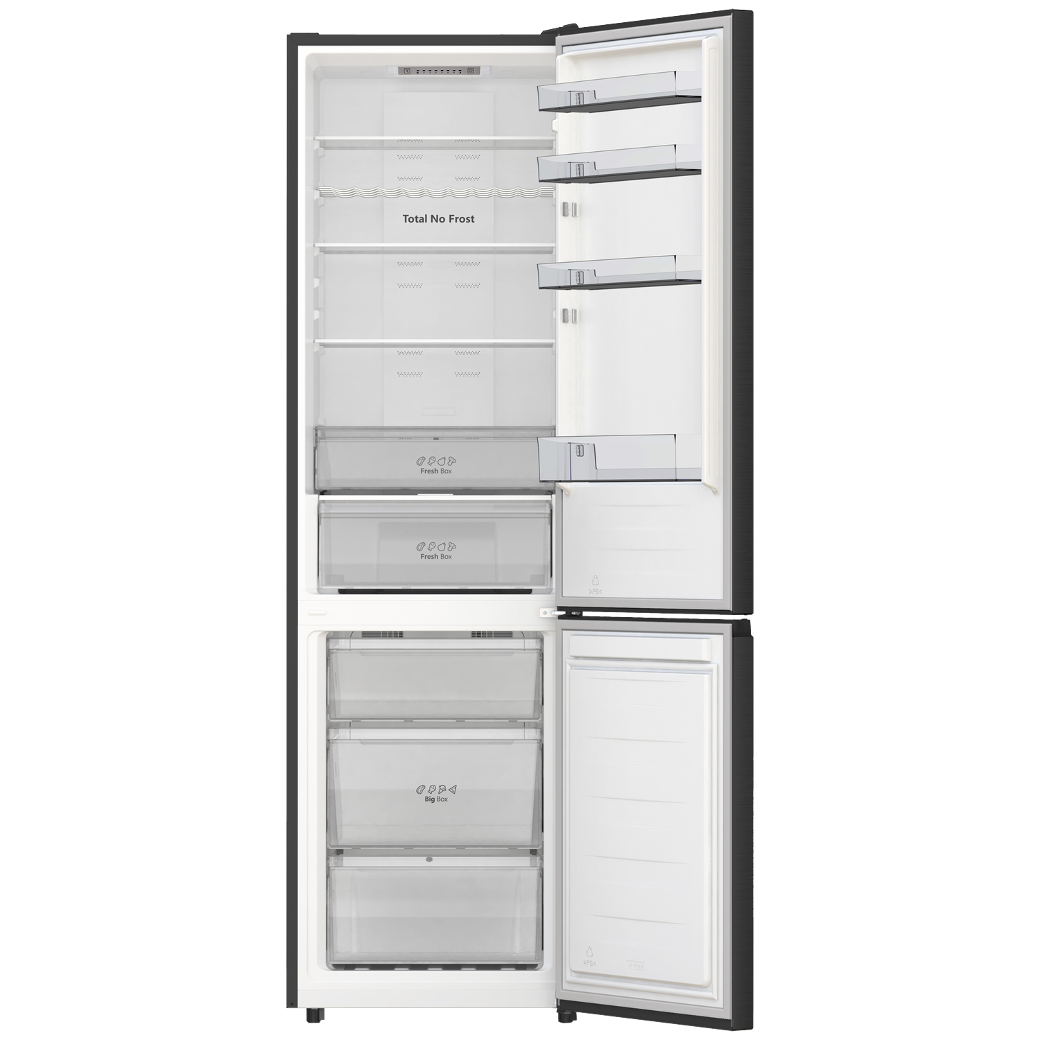 An open black refrigerator with multiple shelves and drawers.