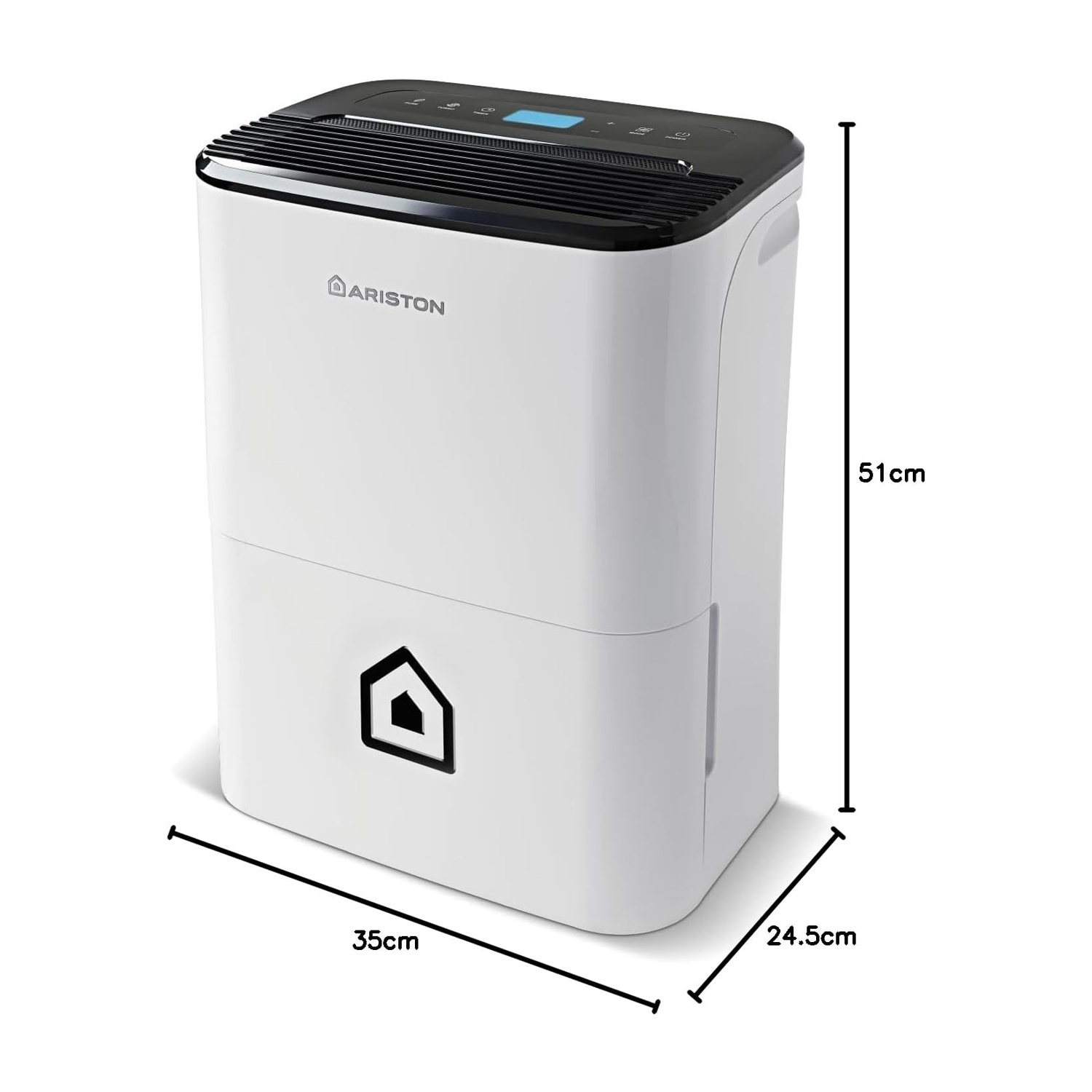Un deumidificatore bianco con parte superiore e display neri. Dimensioni: 51x35x24,5cm.
