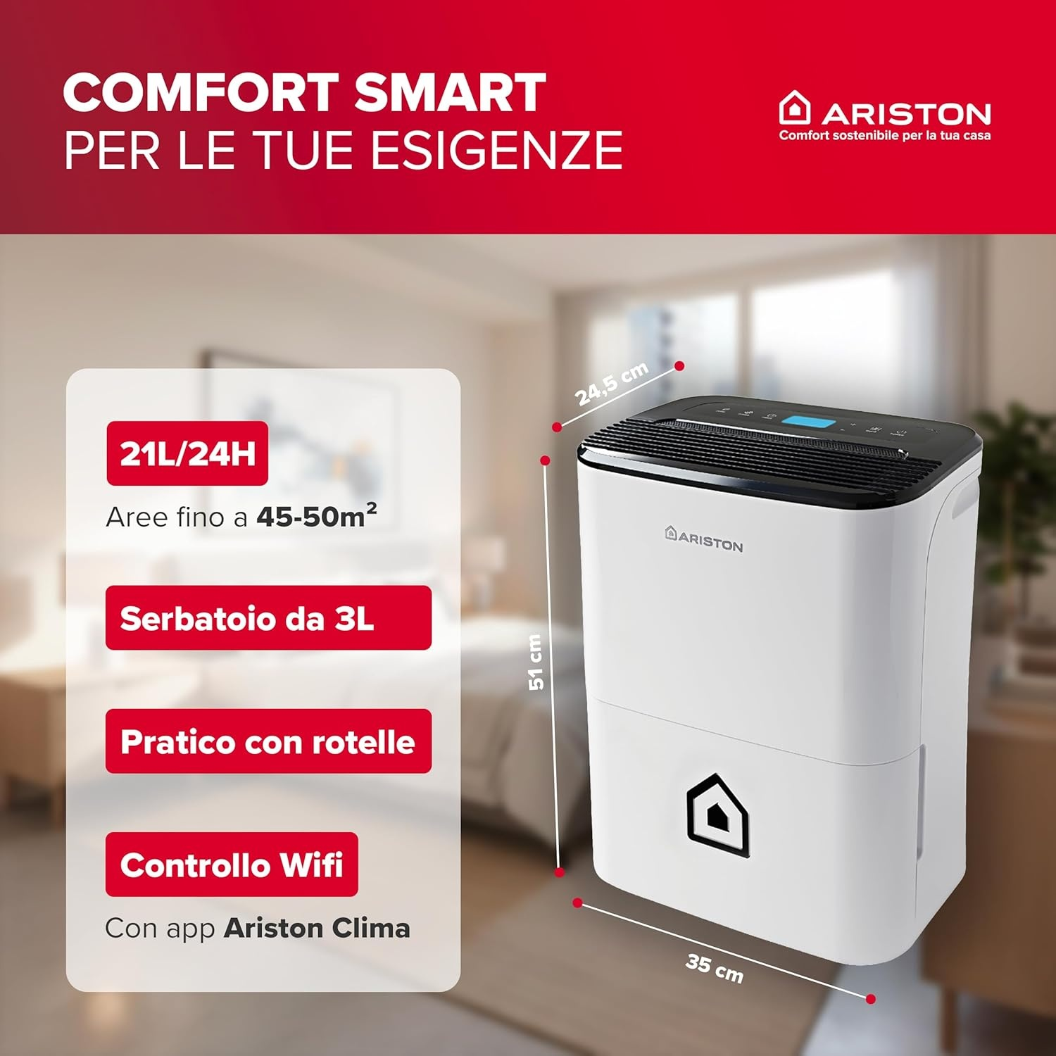 Un deumidificatore Ariston bianco con dimensioni e funzioni digitali.