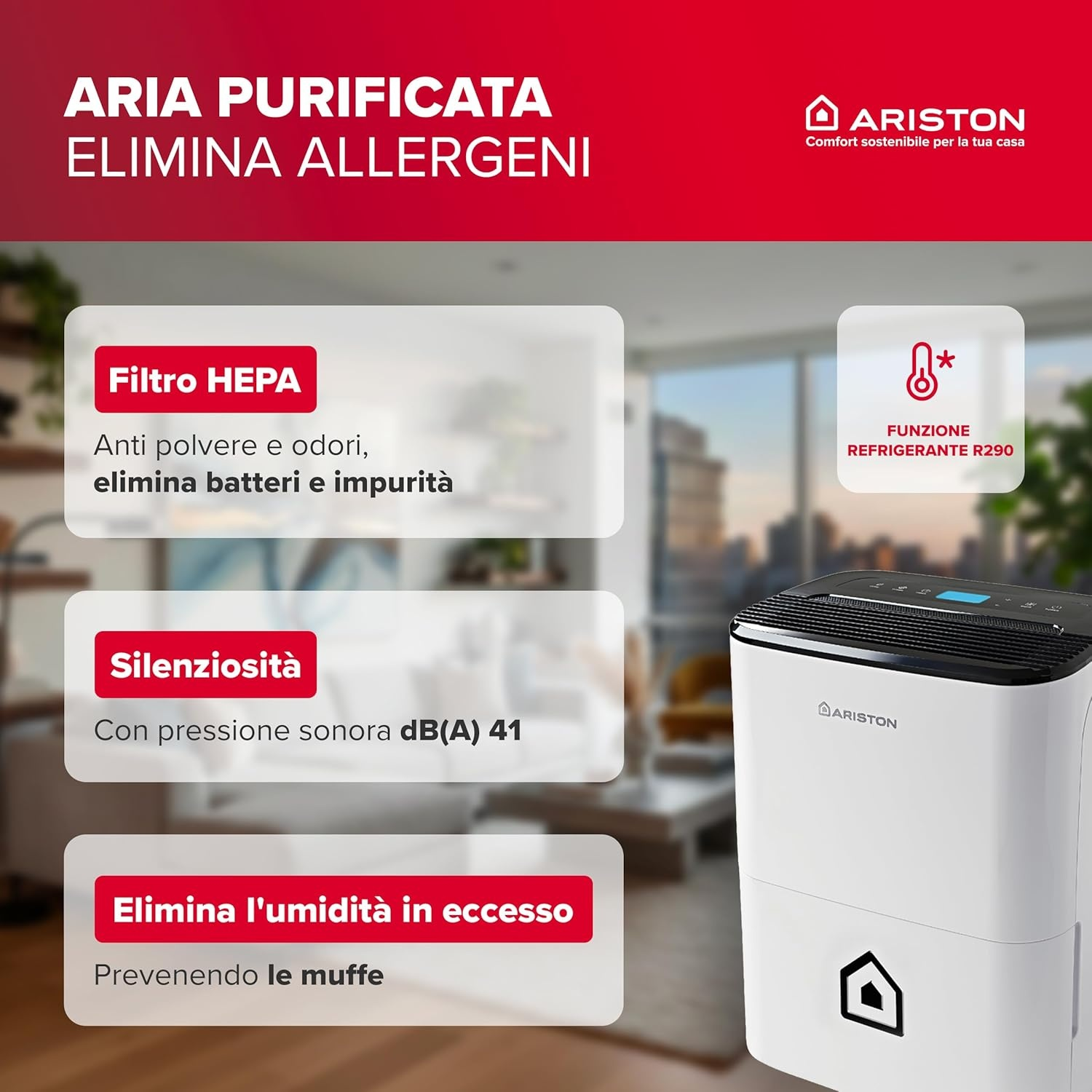 Purificatore d'aria con filtro HEPA, silenzioso, deumidificatore, con refrigerazione.