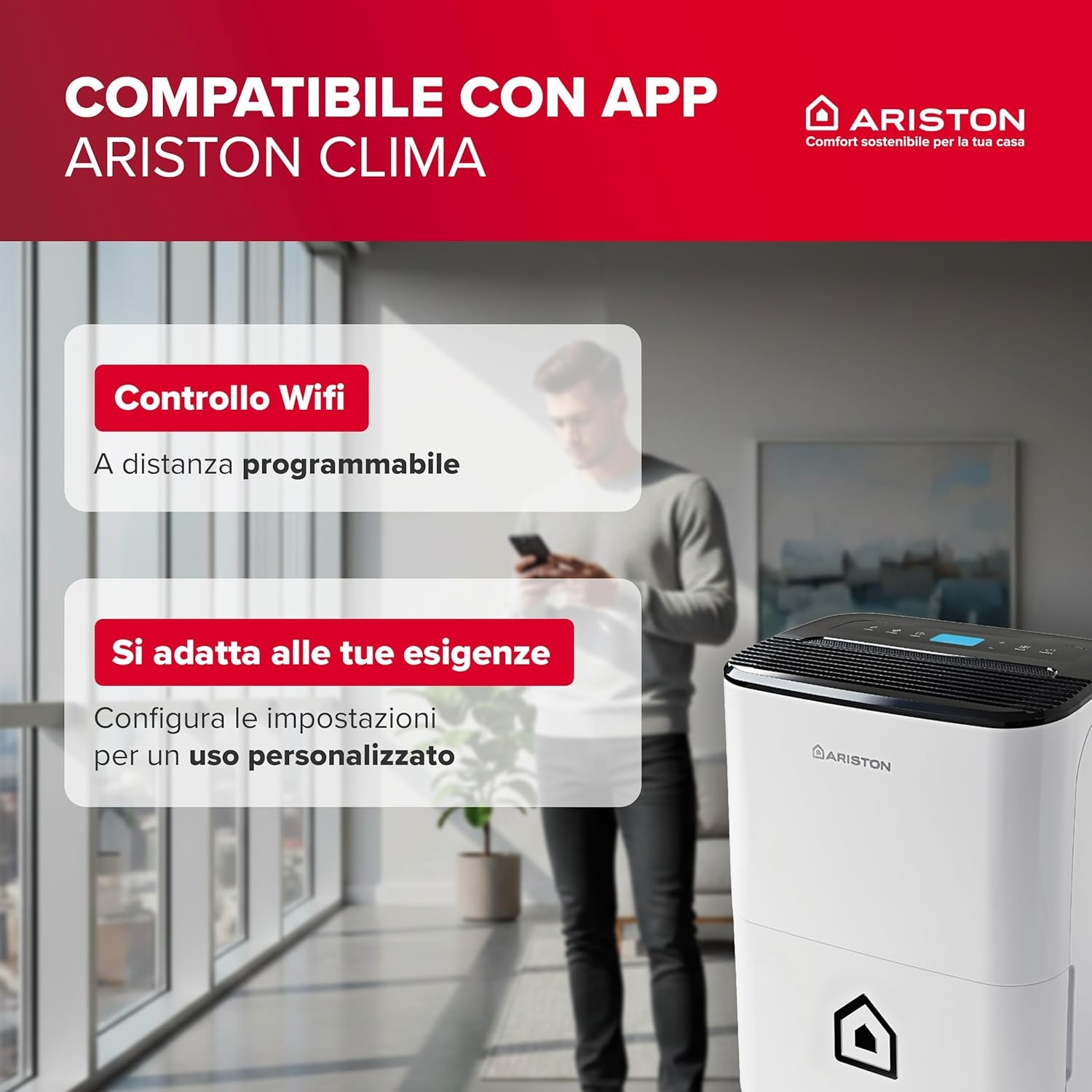 Uomo usa deumidificatore Ariston via app. Testo sul controllo WiFi.