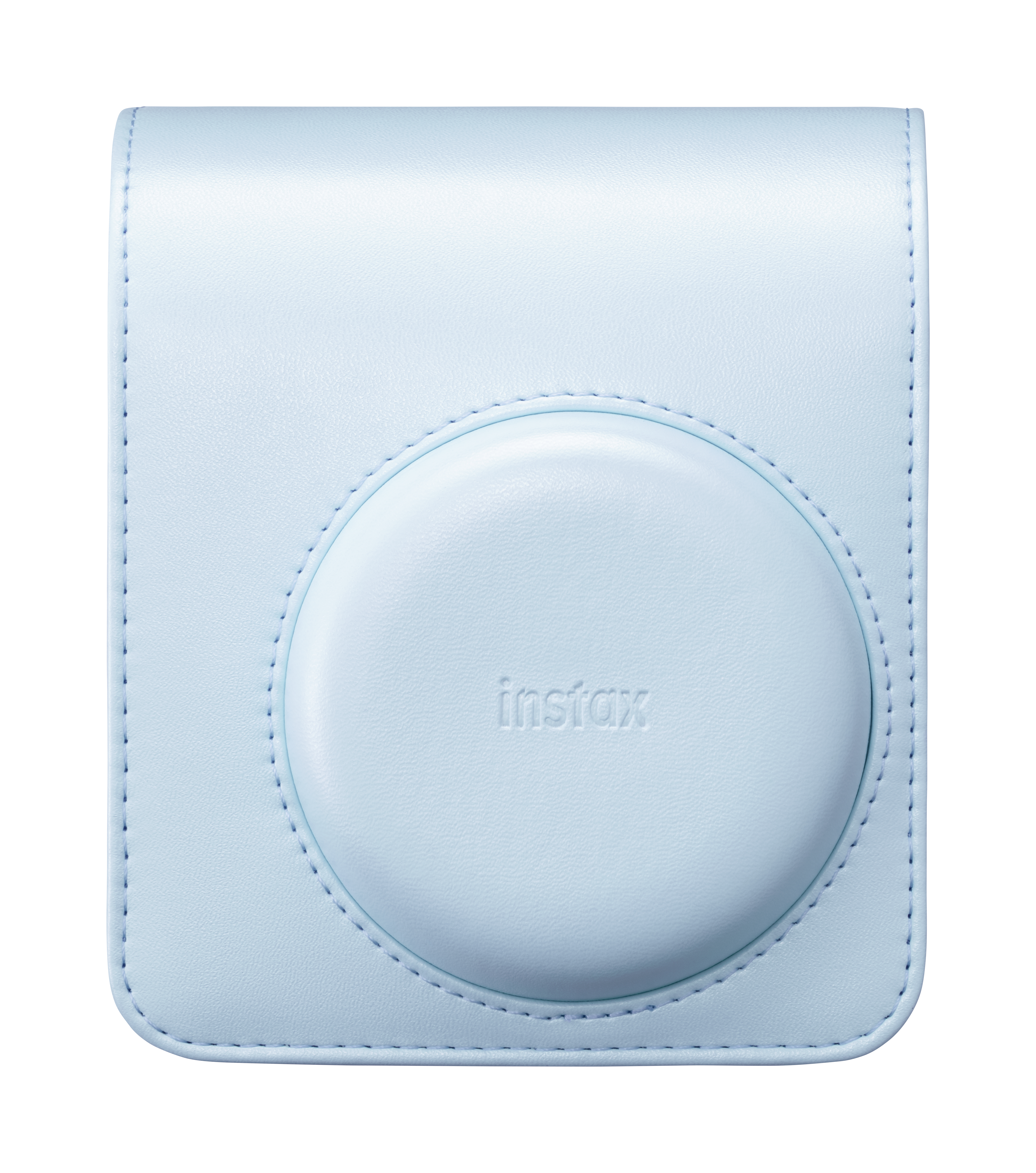Helle blaue Kameratasche mit "instax"-Logo.