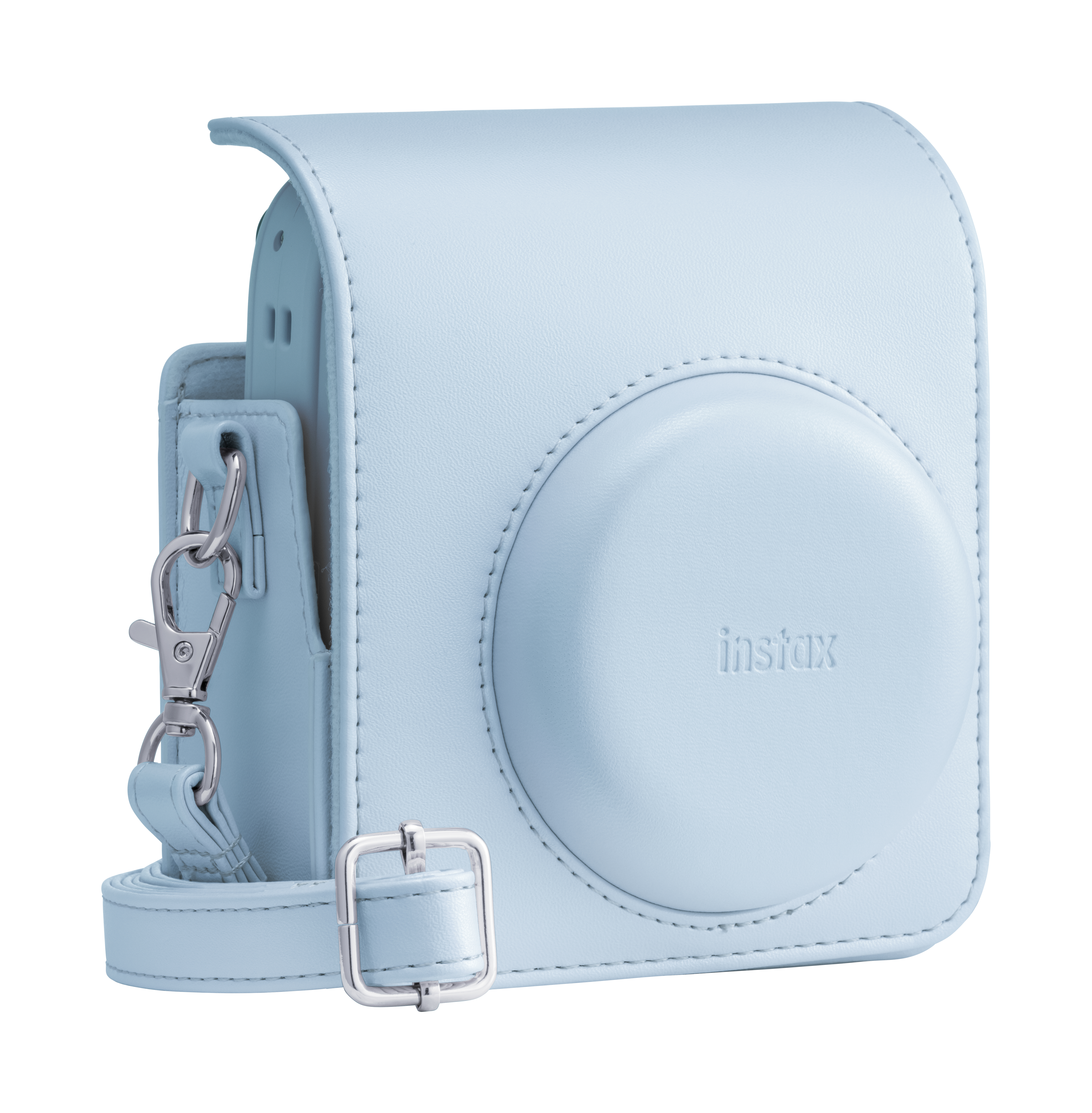Helle blaue Instax Kameratasche aus Leder mit silbernen Schnallen und Riemen.