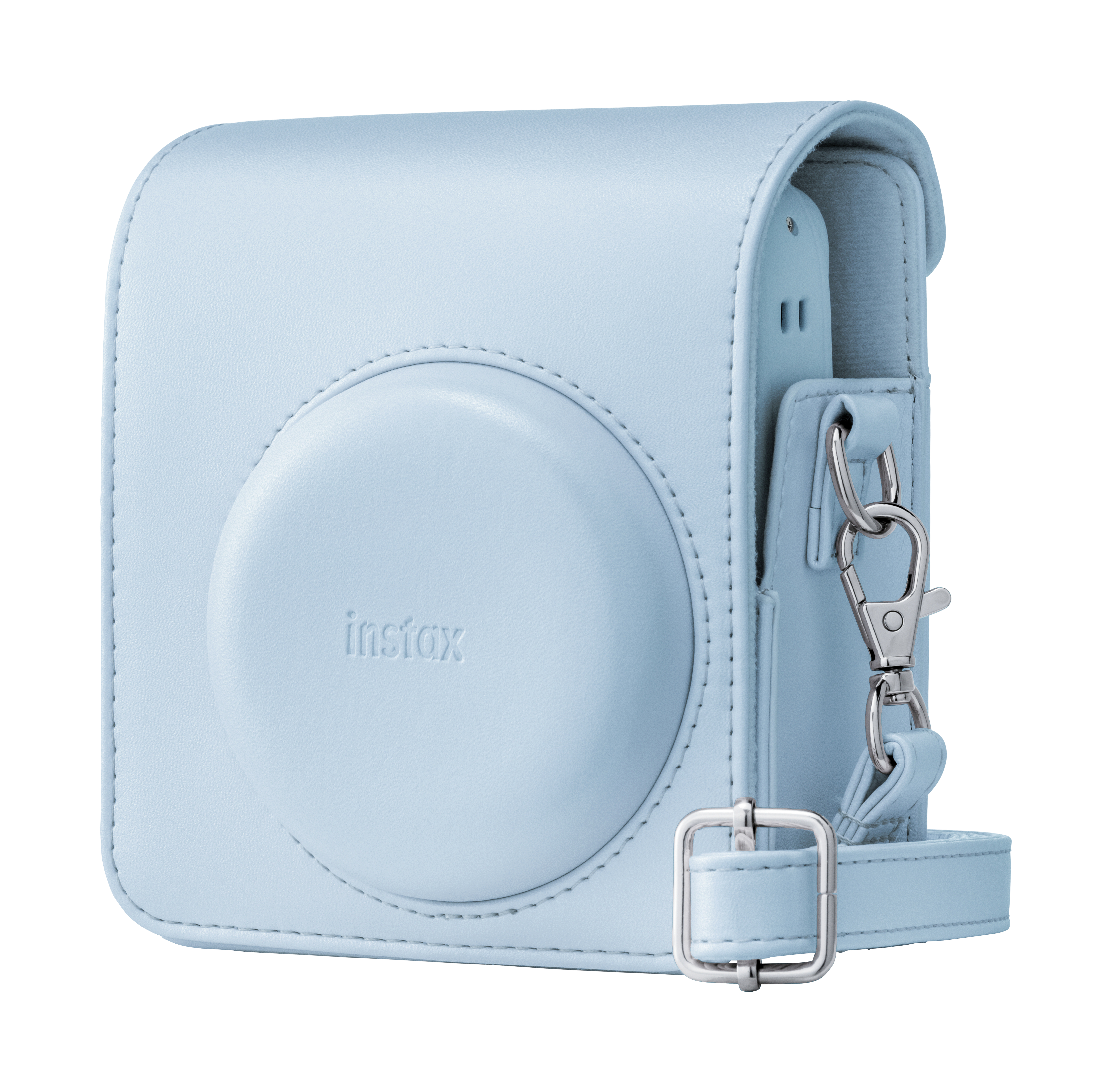 Helles hellblaues Kameragehäuse mit Instax-Logo und silbernen Schnallen.
