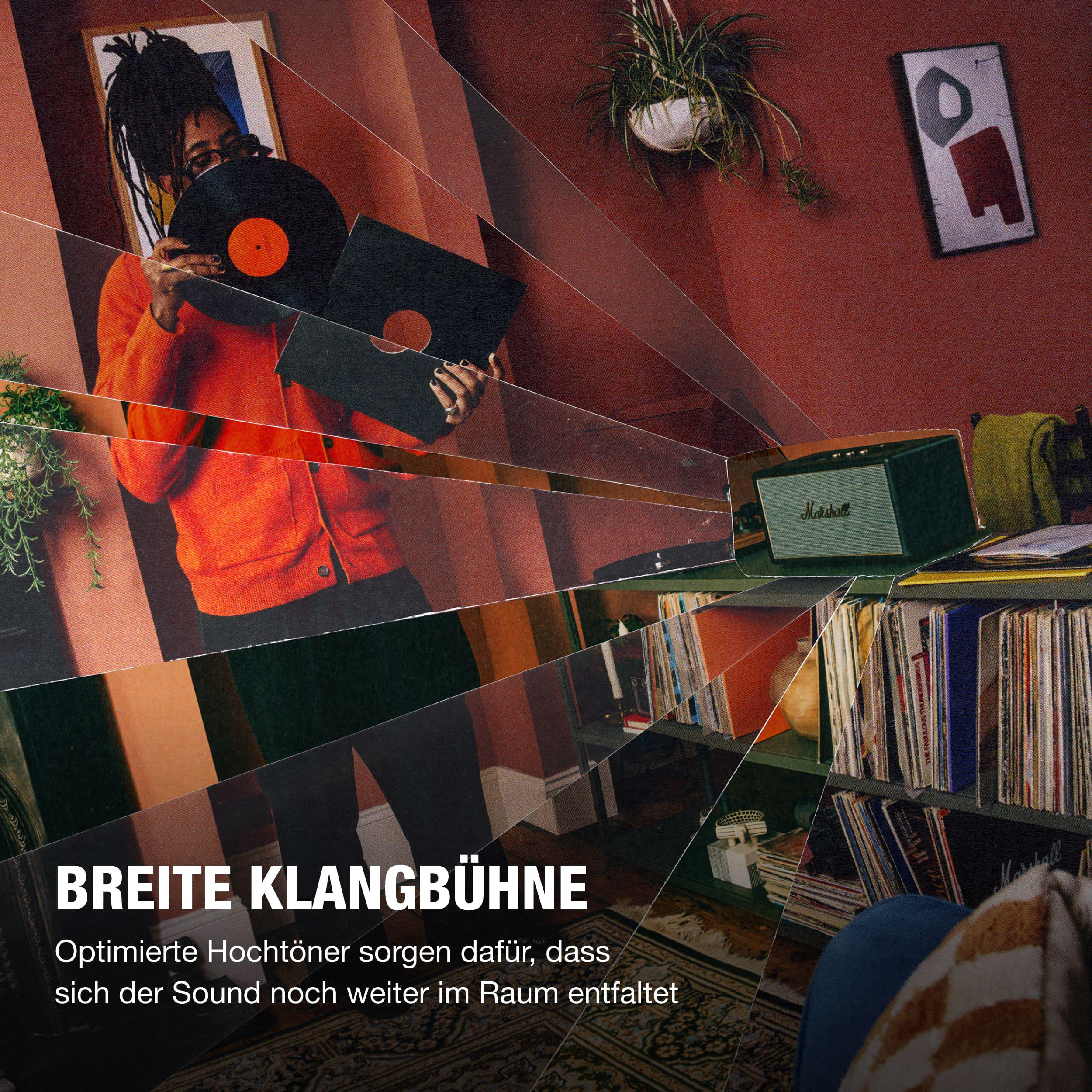 Eine Person mit Dreadlocks hält Schallplatten. Ein Marshall-Lautsprecher steht auf einem Regal.